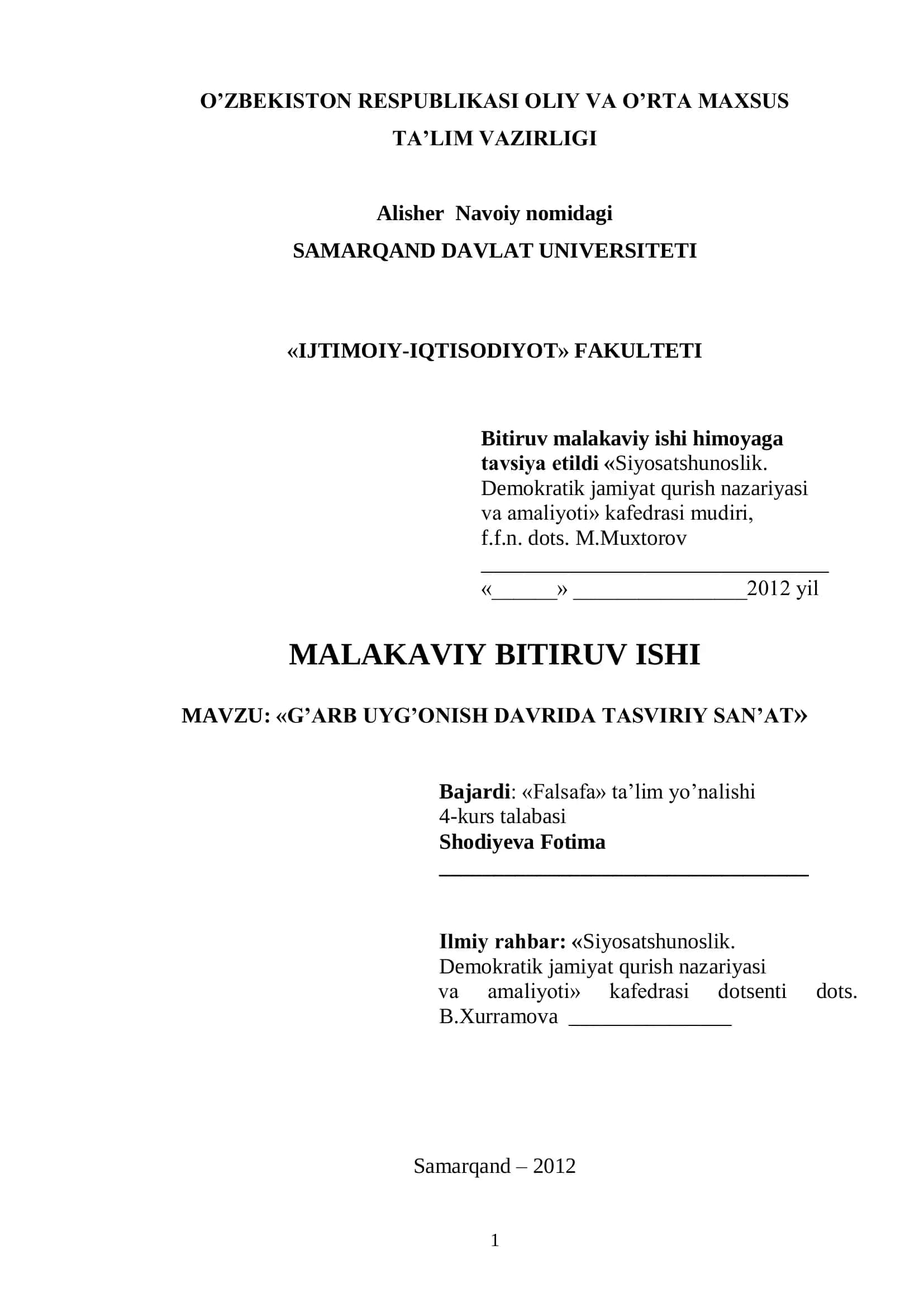 G’arb Uyg’onish davrida Tasviriy San'at