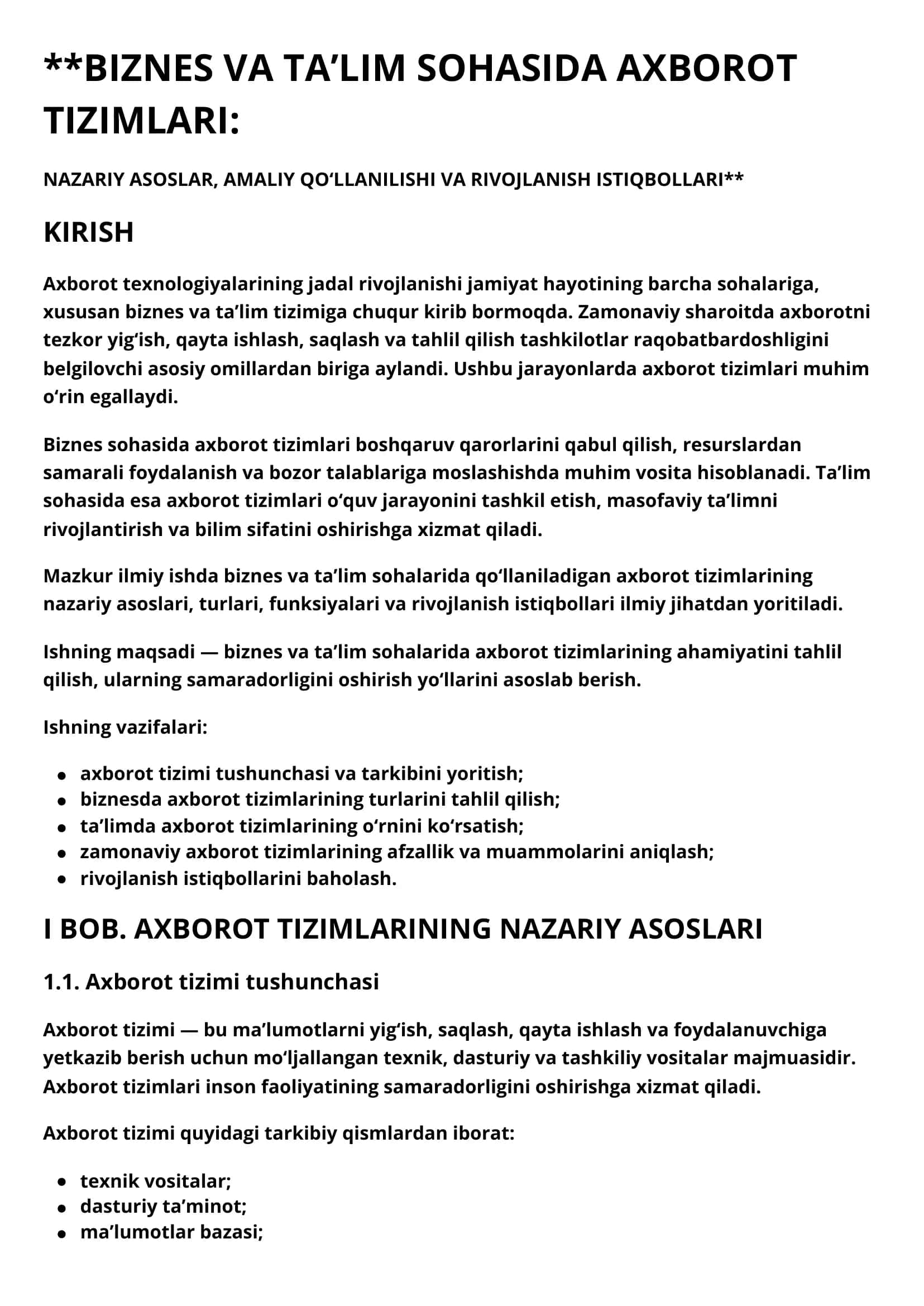 BIZNES VA TA’LIM SOHASIDA AXBOROT TIZIMLARI