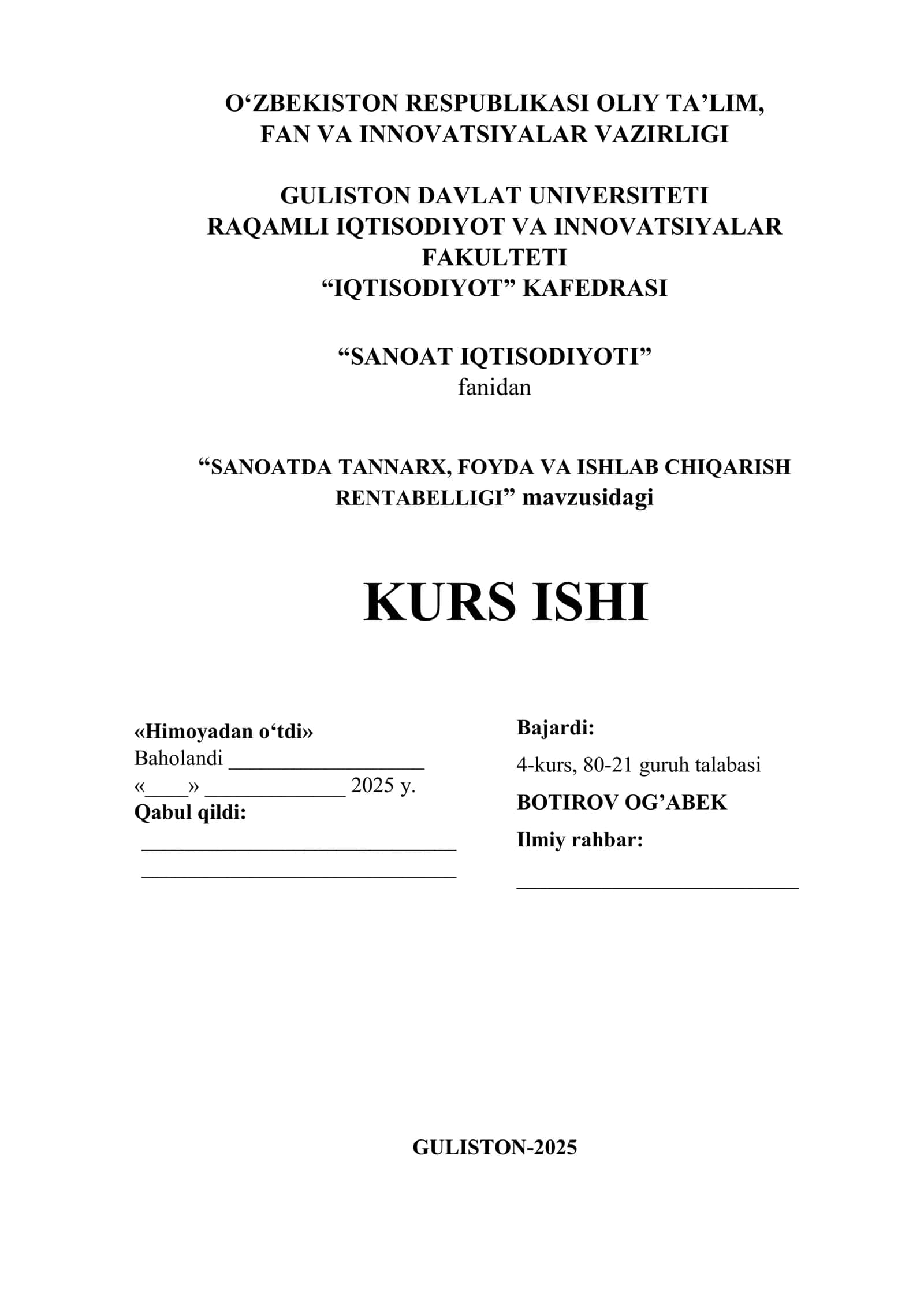 “SANOATDA TANNARX, FOYDA VA ISHLAB CHIQARISH RENTABELLIGI” KURS ISHI
