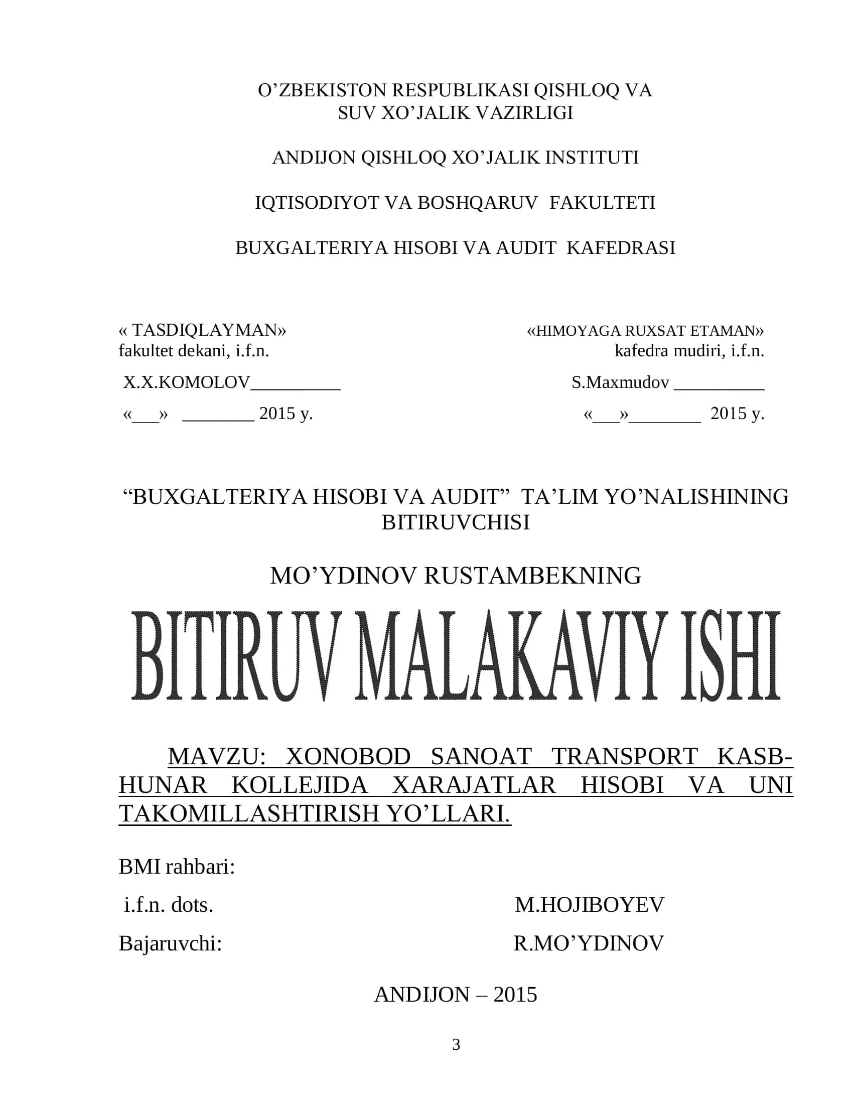 XONOBOD SANOAT TRANSPORT KASB-HUNAR KOLLEJIDA XARAJATLAR HISOBI VA UNI TAKOMILLASHTIRISH YO’LLARI