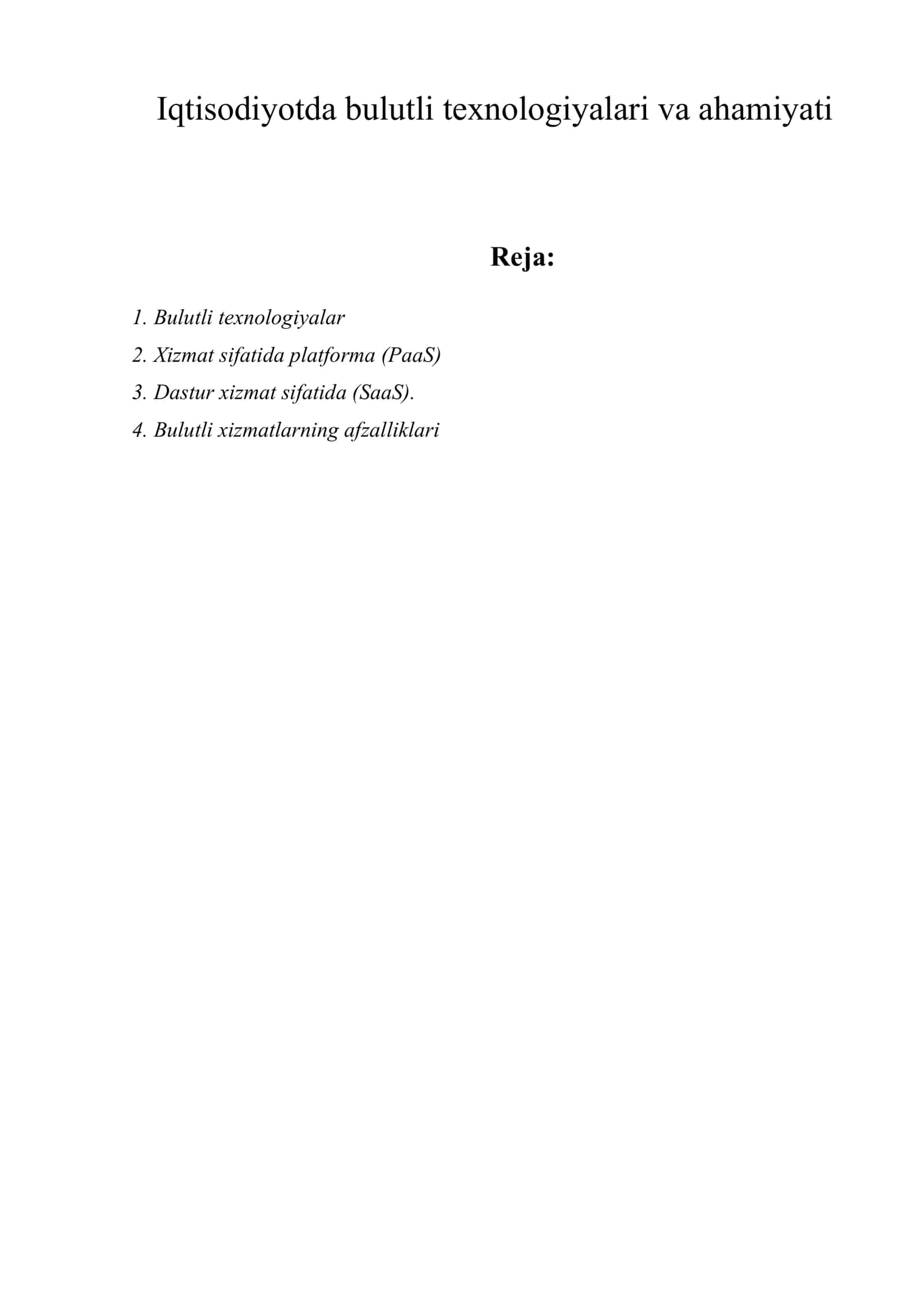 Iqtisodiyotda bulutli texnologiyalari va ahamiyati