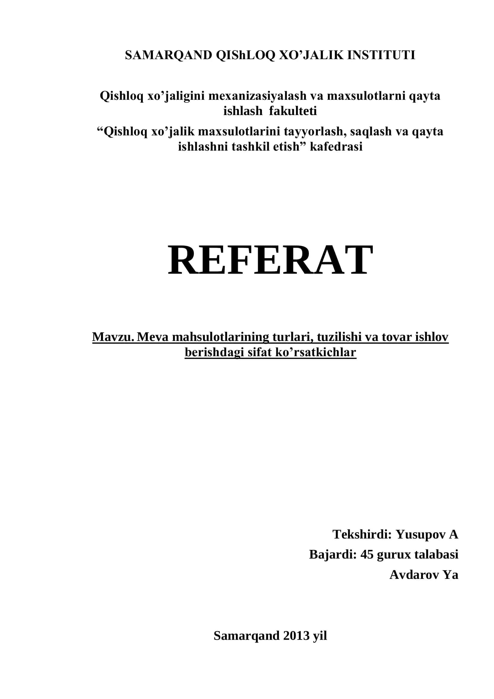 Meva Mahsulotlarini Tayyorlash va Qayta Ishlash Referati