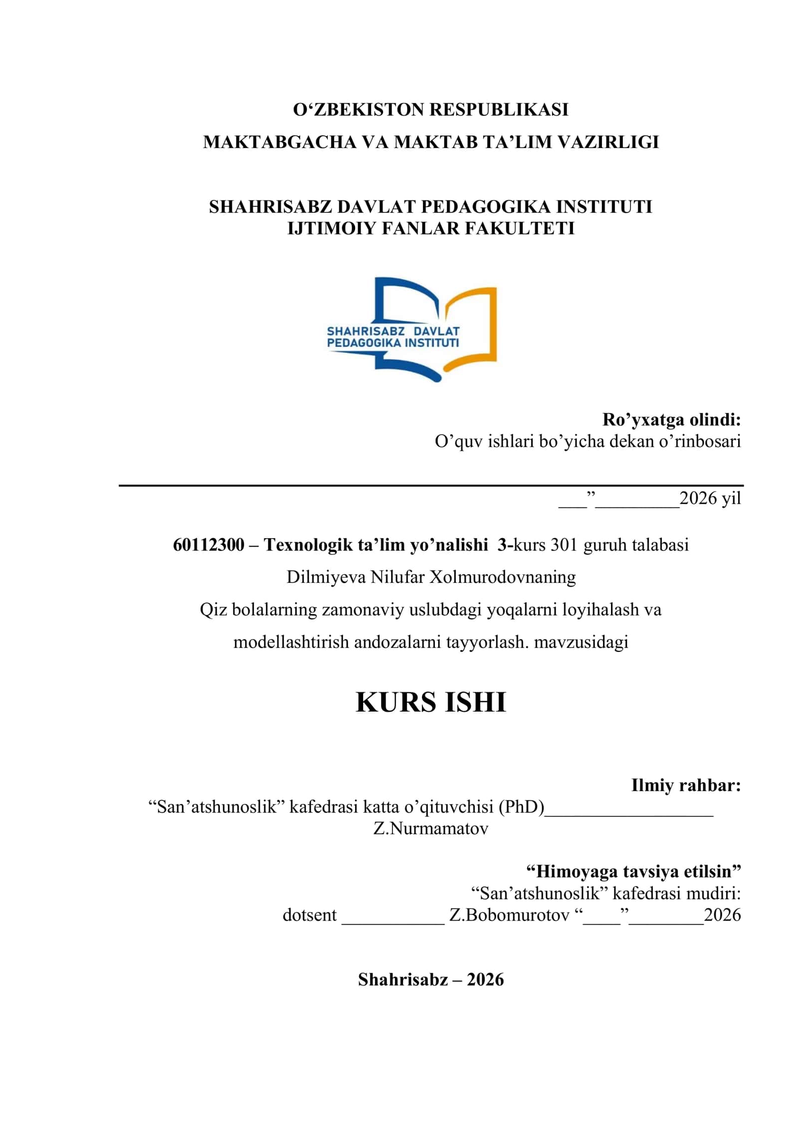 Texnologik ta'lim yo’nalishi 3-kurs 301 guruh talabasi