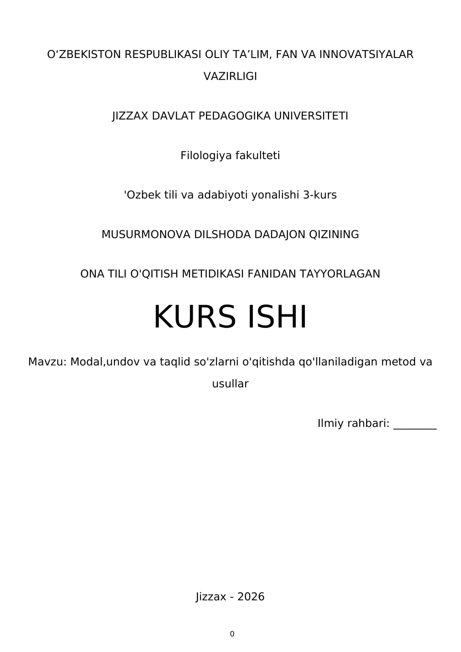 Ona Tili O'qitish Metodikasi Fanidan Tayyorlagan Kurs Ishi