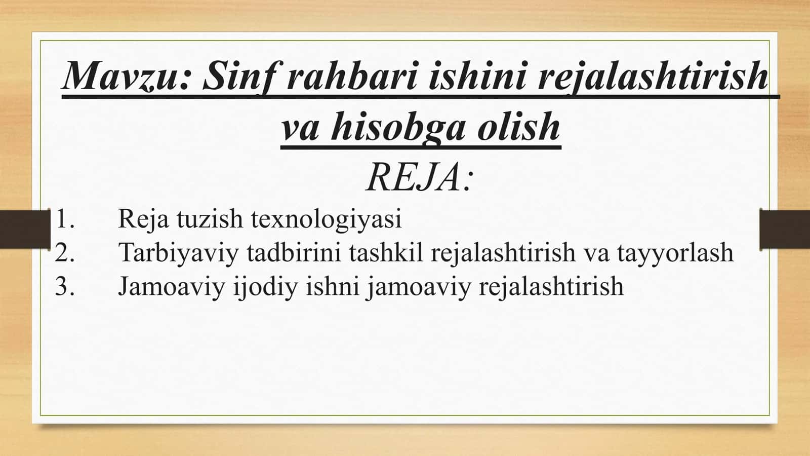 Sinf rahbari ishini rejalashtirish va hisobga olish