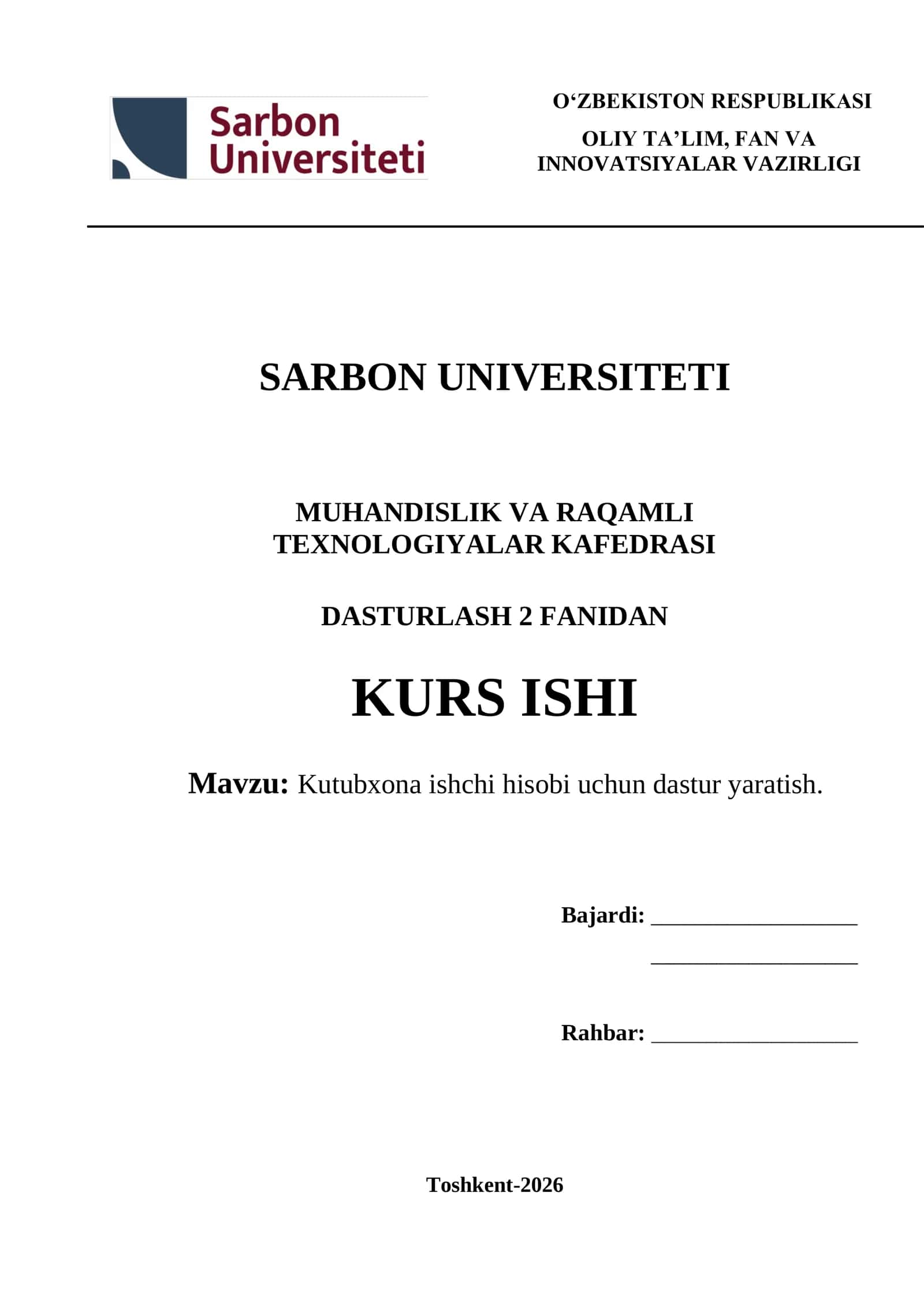 Kutubxona ishchi hisobi uchun dastur yaratish