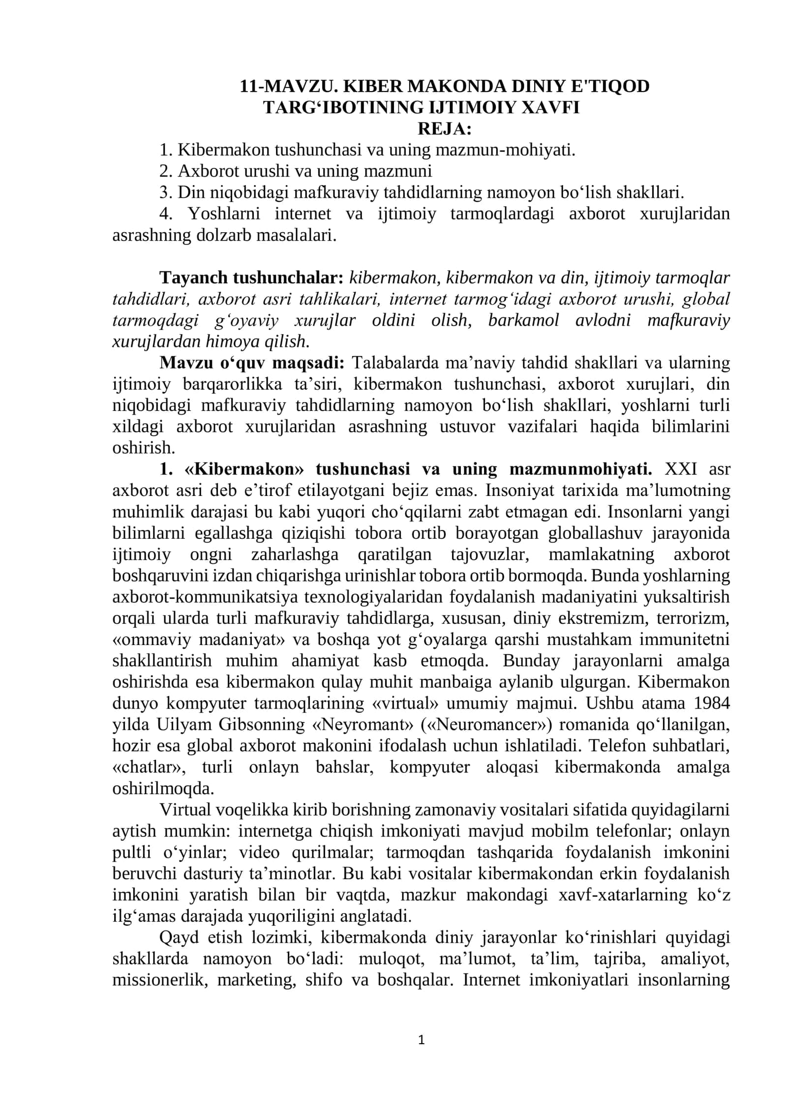 KIBER MAKONDA DINIY E'TIQOD TARG‘IBOTINING IJTIMOIY XAVFI