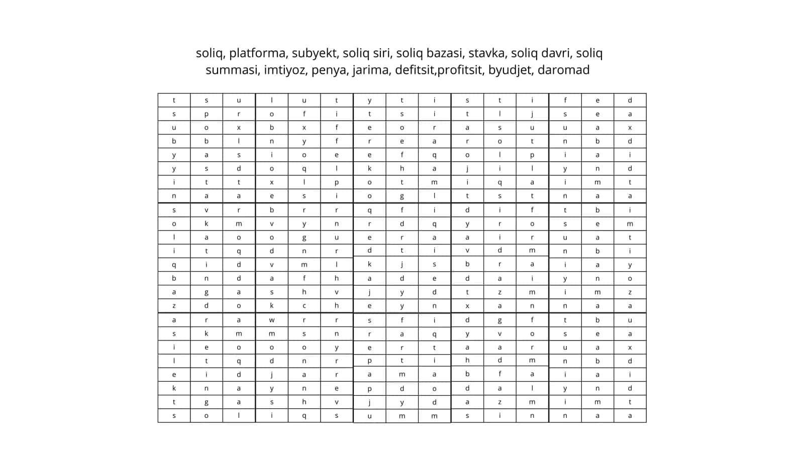 soliq, platforma, subyekt, soliq siri, soliq bazasi, stavka, soliq davri, soliq summasi, imtiyoz, penya, jarima, defitsit,profitsit, byudjet, daromad