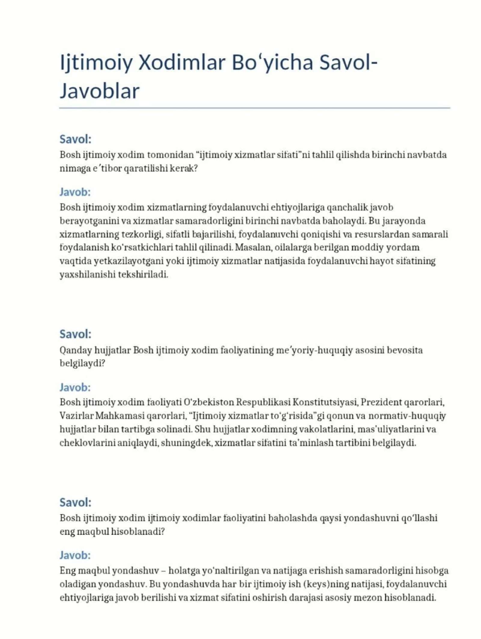 Ijtimoiy hodim suhbat javoblari
