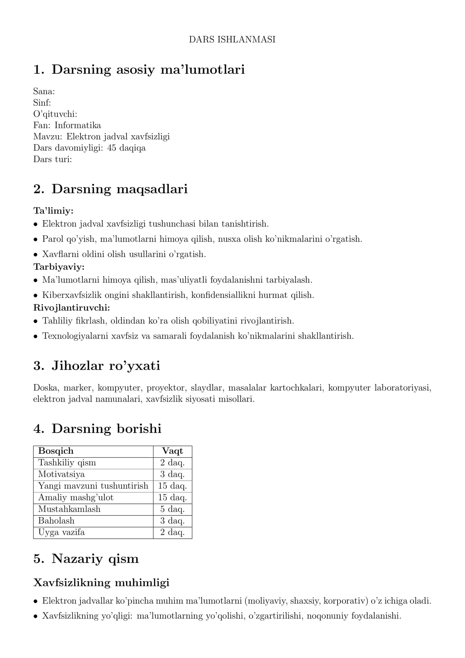 Elektron jadval xavfsizligi