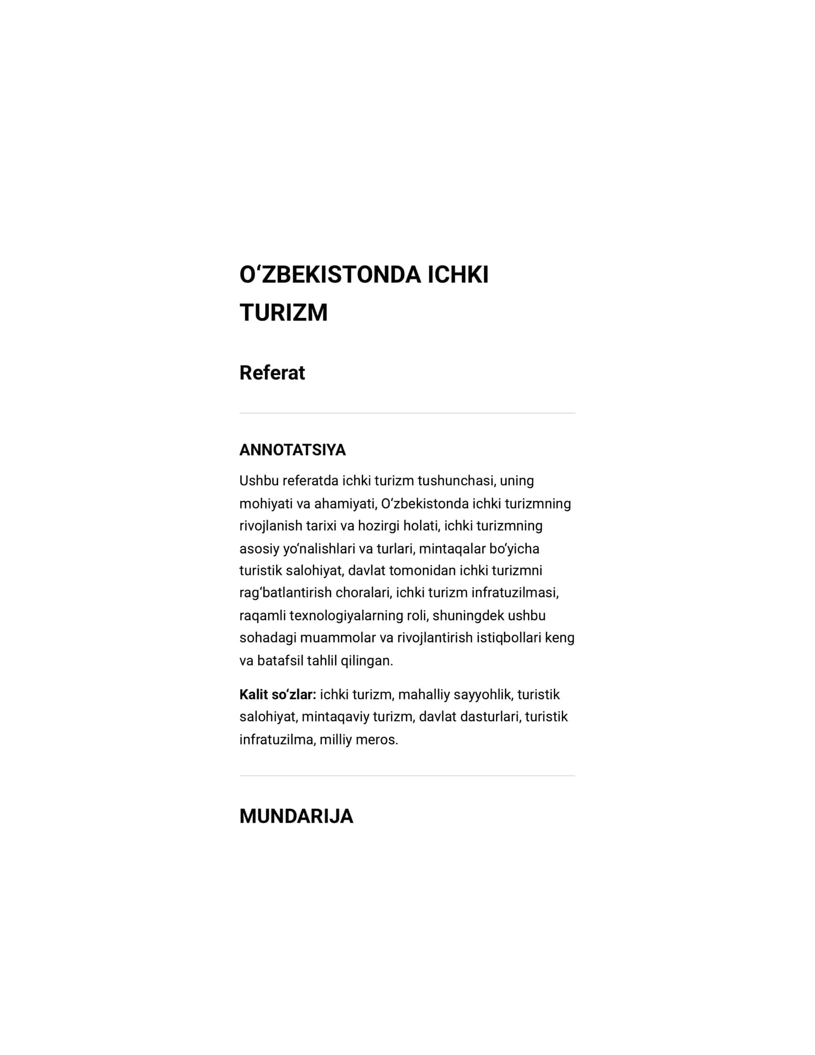 Referat Oʻzbekistonda ichki turizm