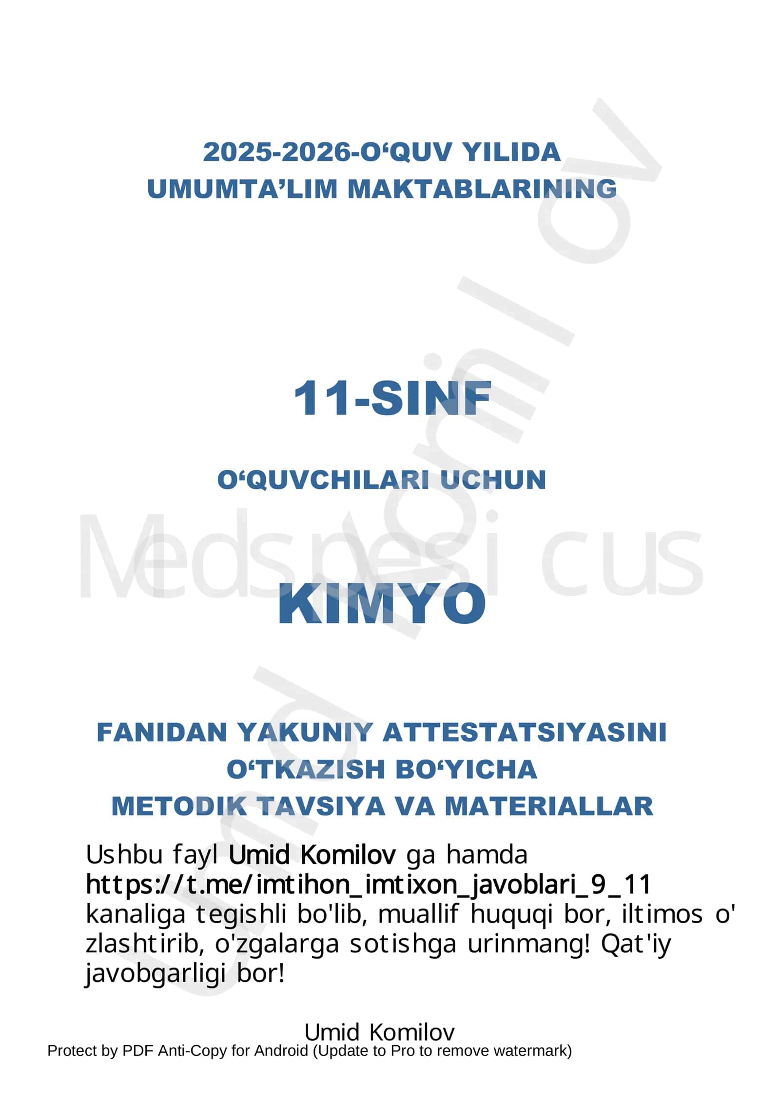 11-sinf imtihon javoblari KIMYO javoblari 2026 komilov