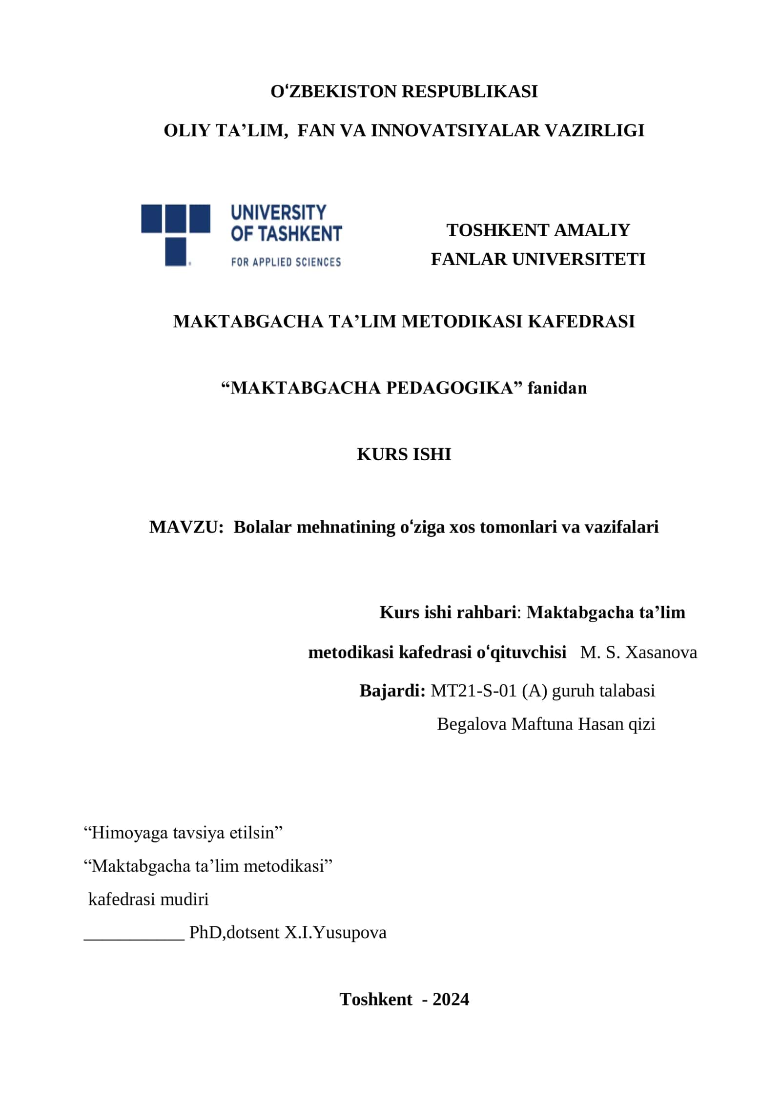 Bolalar mehnatining o‘ziga xos tomonlari va vazifalari