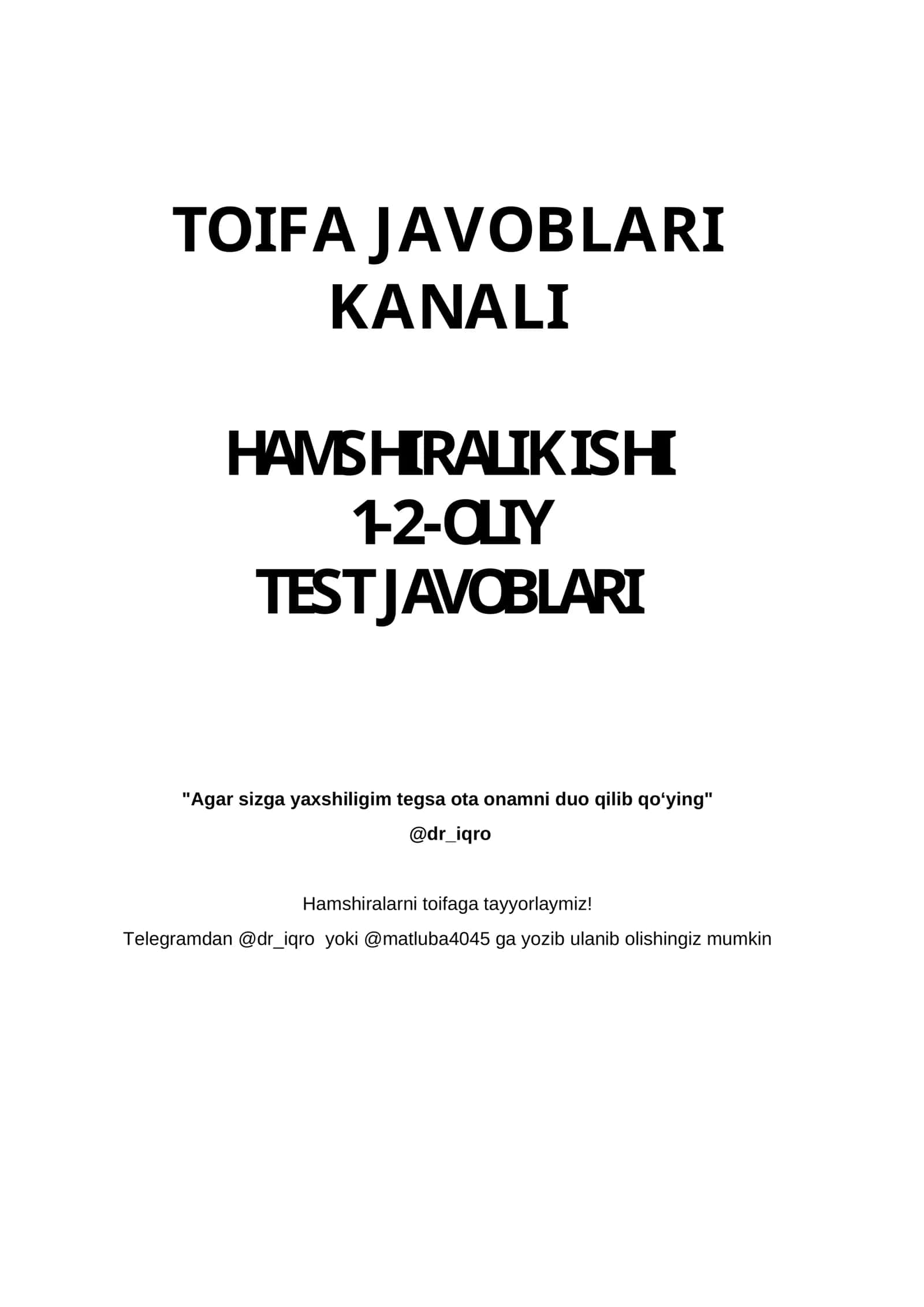 HAMSHIRALIK ISHI 1-2-OLIY TEST JAVOBLARI