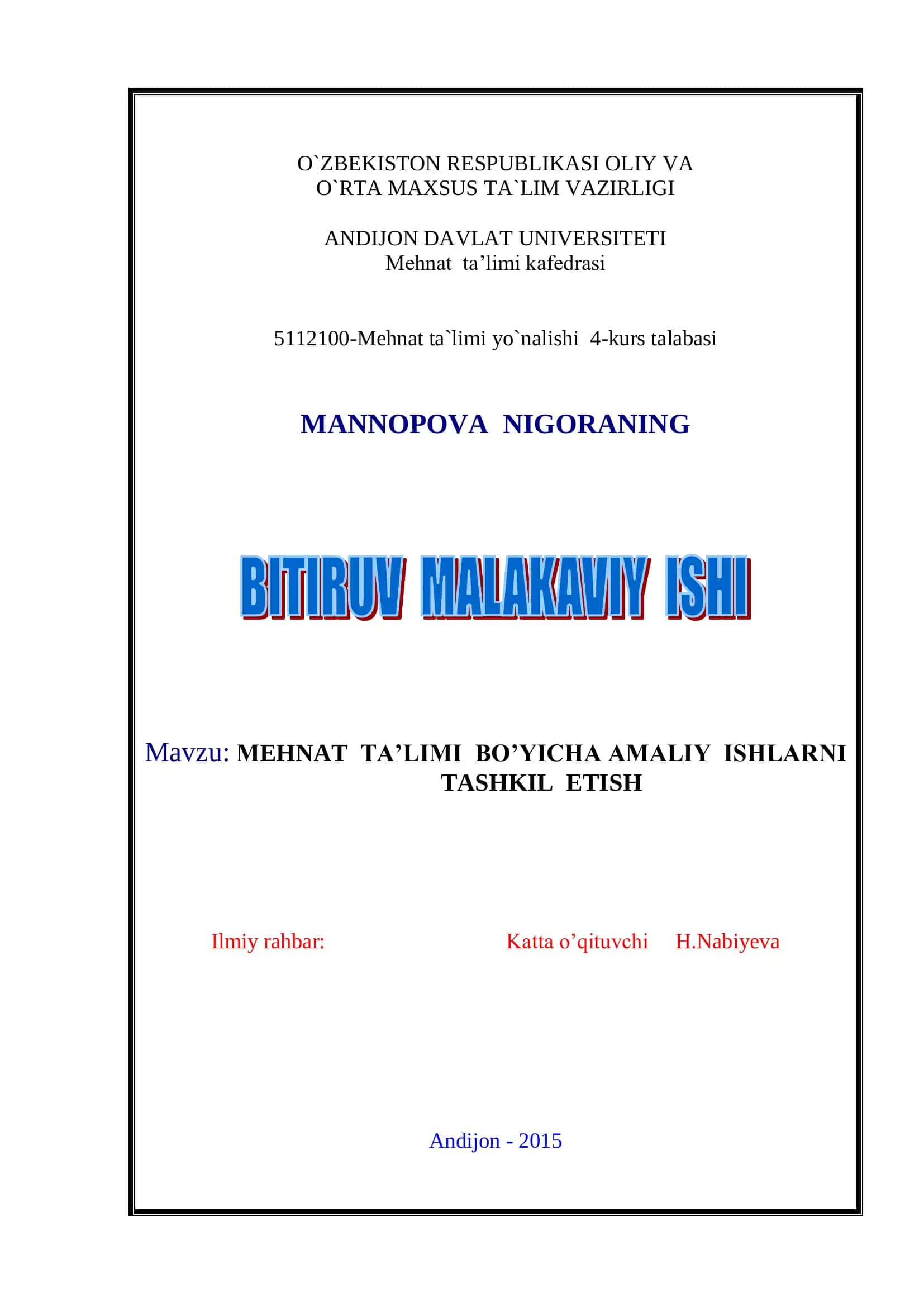 МEHNAT TA’LIMI BO’YICHA AMALIY ISHLARNI TASHKIL ETISH