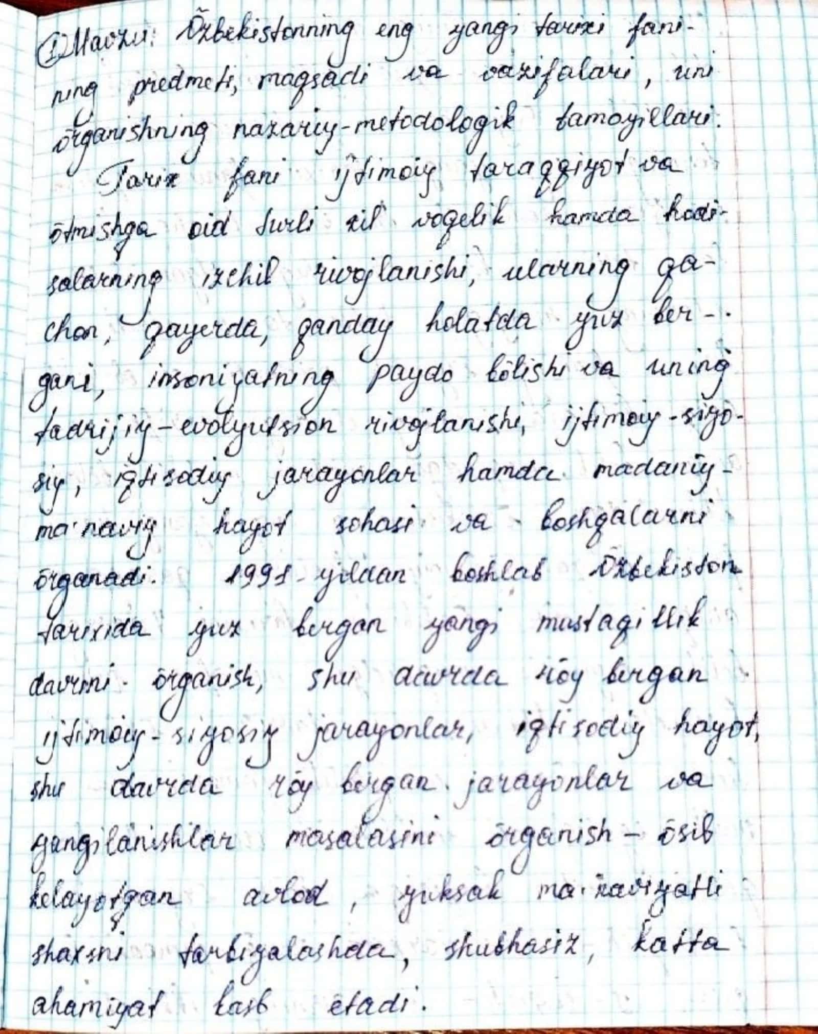 O'zbekistonning eng yangi tarix fanining predmeti, maqsadi va vazifalari