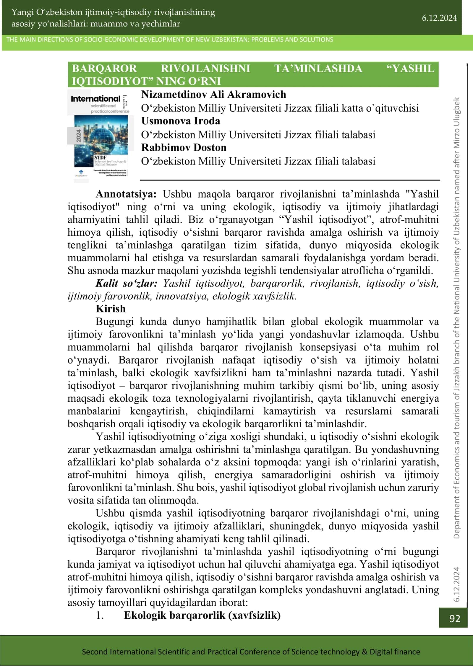 Barqaror rivojlanishni ta'minlashda "Yashil iqtisodiyot" ning o'rni