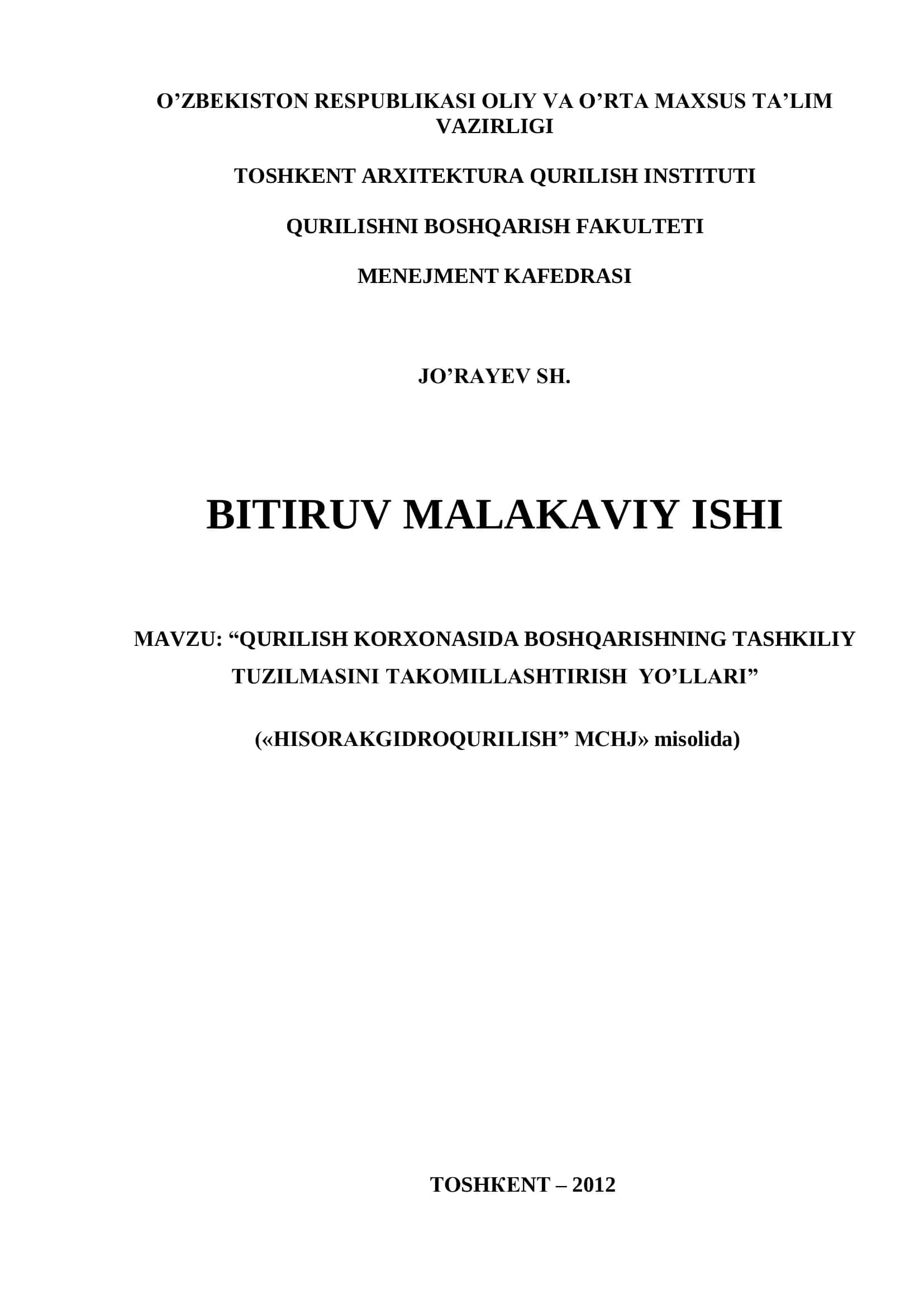 QURILISH KORXONASIDA BOSHQARISHNING TASHKILIY TUZILMASINI TAKOMILLASHTIRISH YO‟LLARI