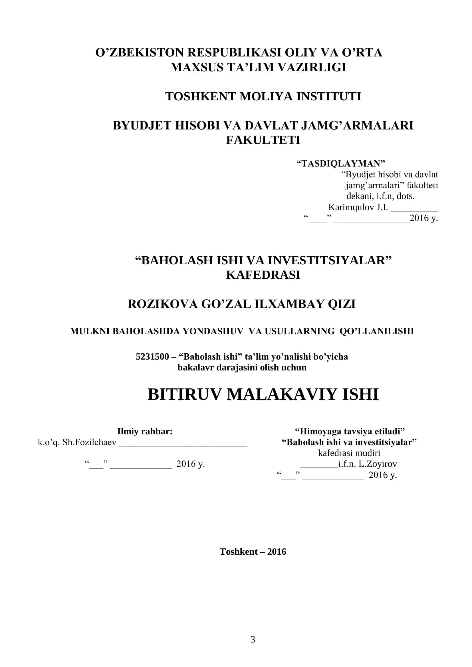 MULKNI BAHOLASHDA YONDASHUV VA USULLARNING QO’LLANILISHI