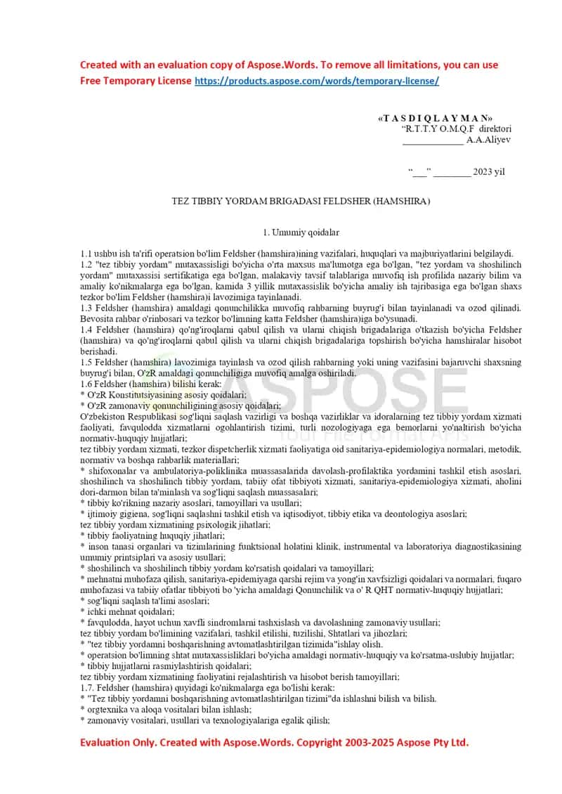 Tez Tibbiy Yordam Brigadasi Feldsher (Hamshira)