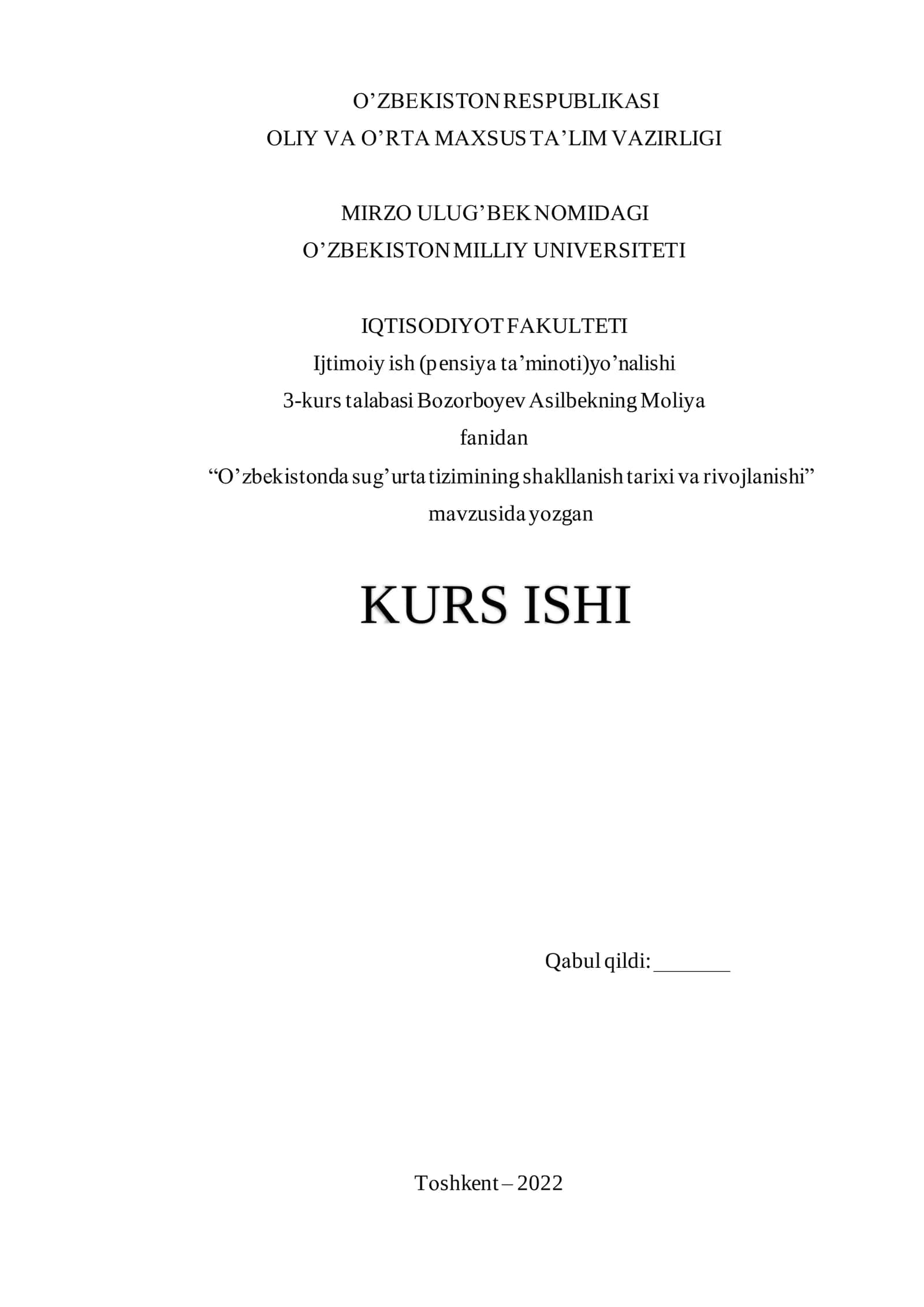 Oʻzbekiston respublikasida sugʻurta tizimini shakllanish tarixi maʼmuriy asoslari