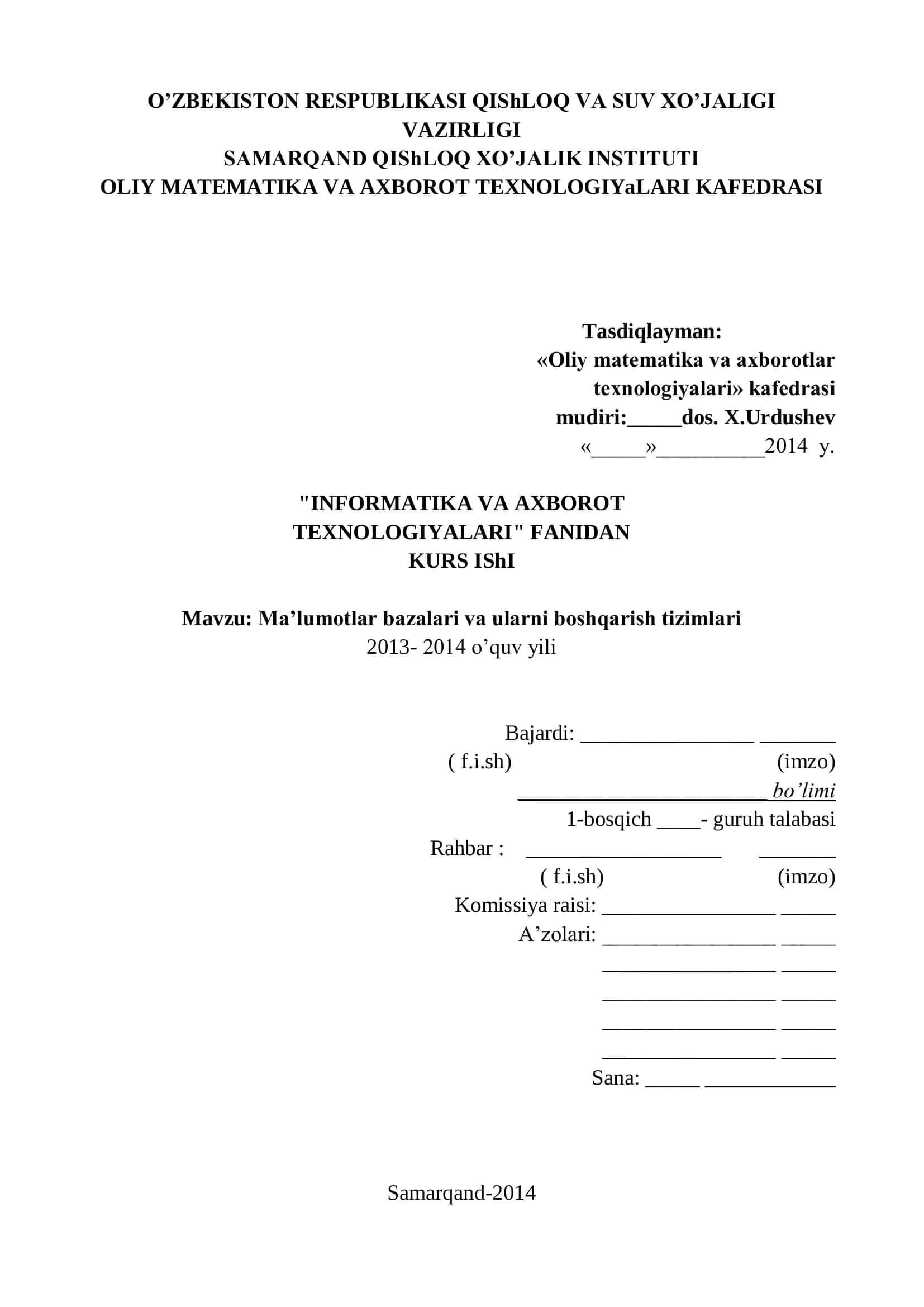 Ma’lumotlar bazalari va ularni boshqarish tizimlari
