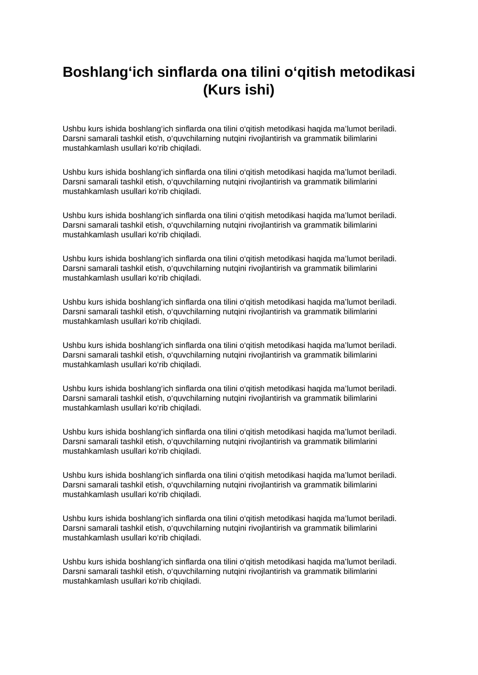 Boshlangʻich sinflarda ona tilini oʻqitish metodikasi (kurs ishi PDF)