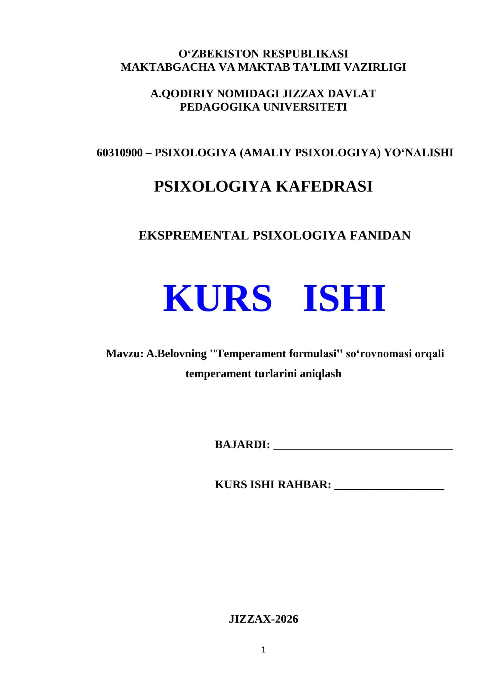 EKSPERIMENTAL PSIXOLOGIYA FANIDAN KURS ISHI
