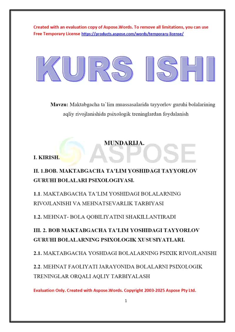 Maktabgacha ta`lim muassasalarida tayyorlov guruhi bolalarining aqliy rivojlanishida psixologik treninglardan foydalanish
