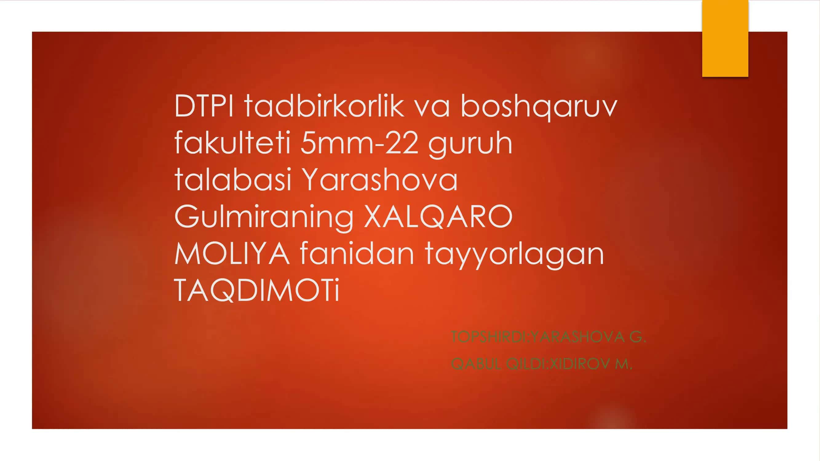 XALQARO MOLIYA fanidan TAQDIMOT