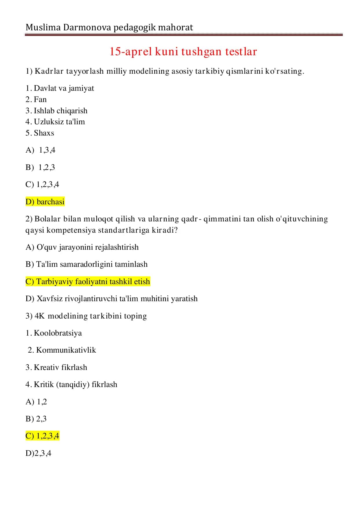 2025-yil tushgan testlar to'plami Atestatsiya.