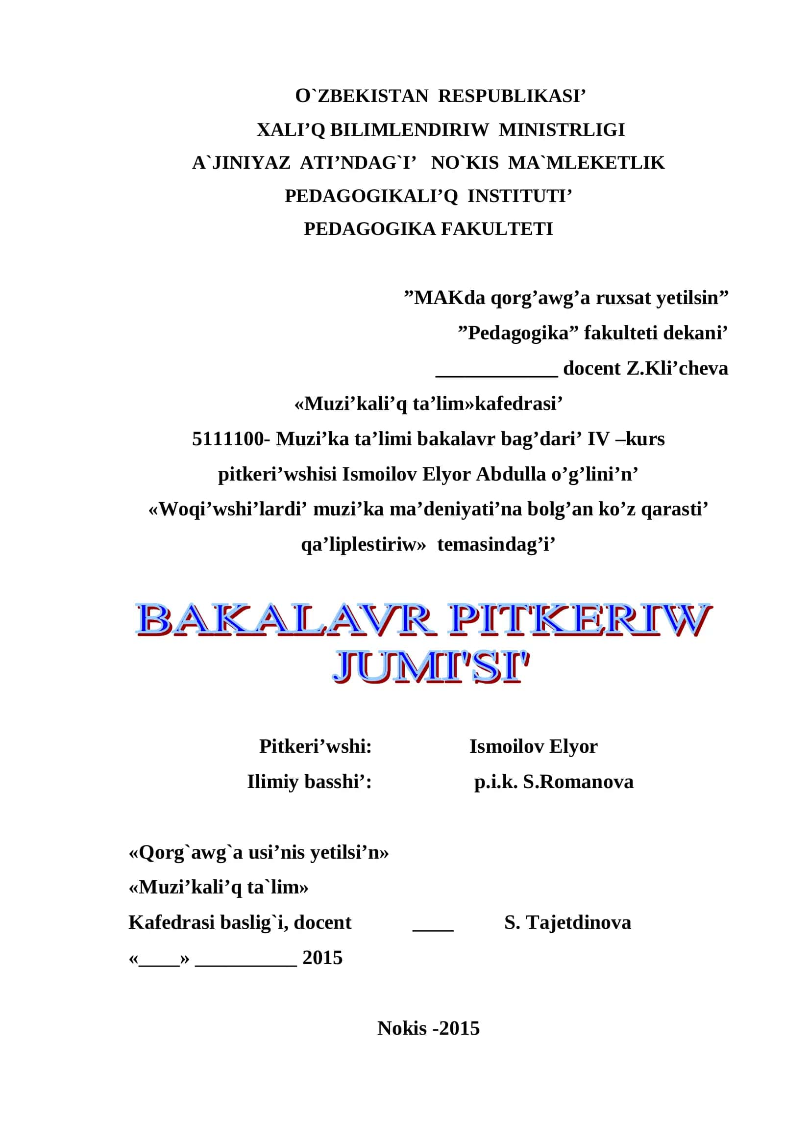 Muzi’ka ta’limi bakalavr bag’dari’ IV –kurs