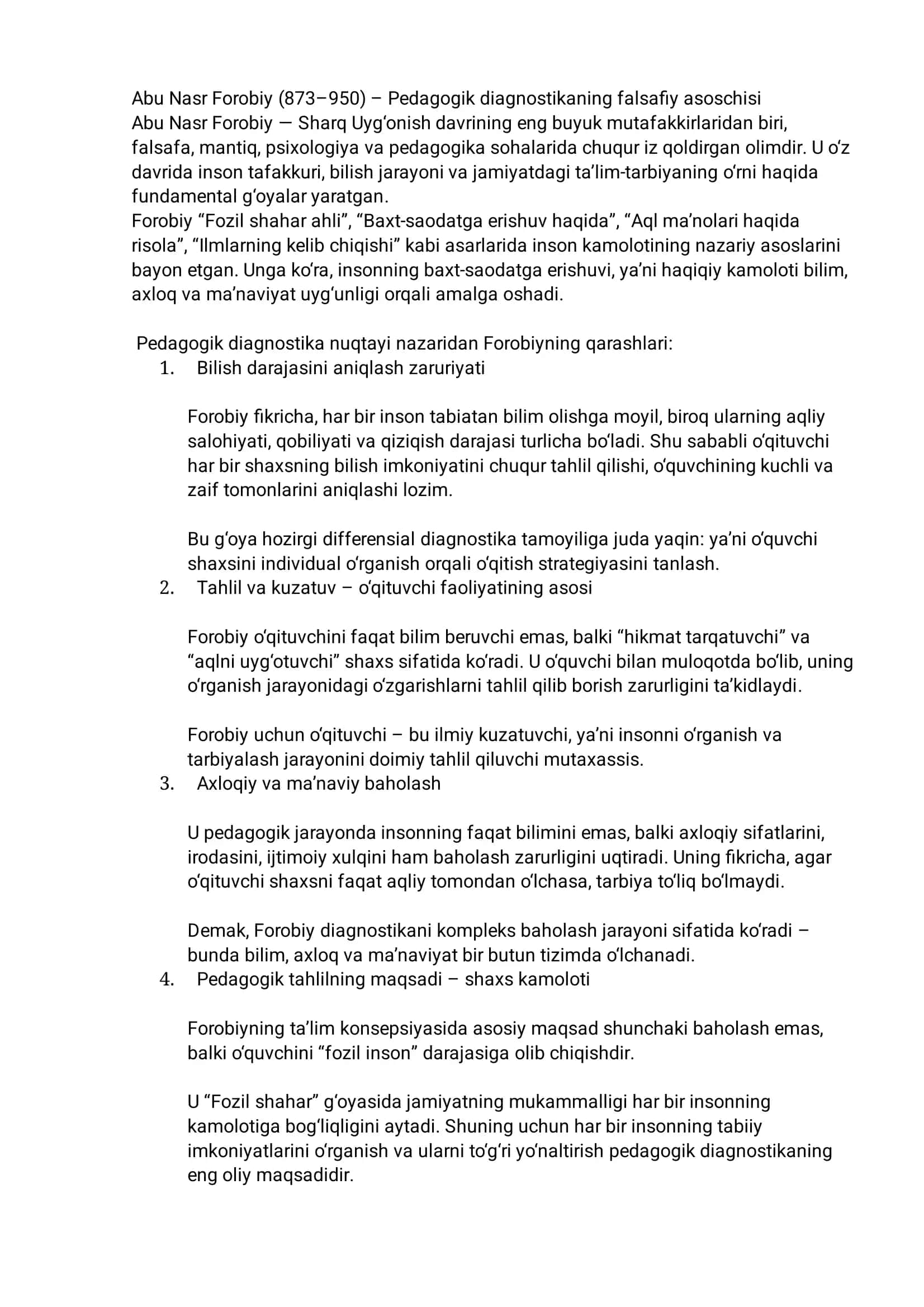 Abu Nasr Forobiyning Pedagogik Diagnostikasi
