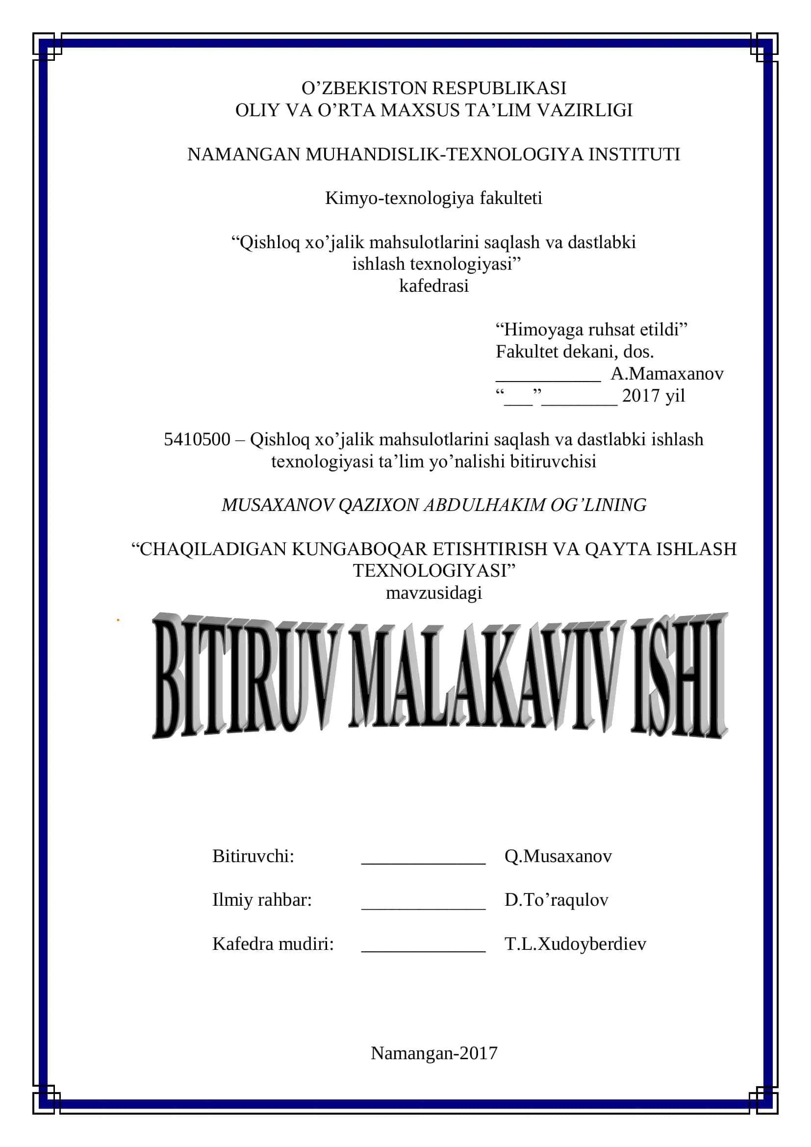 Qishloq xo‘jalik mahsulotlarini saqlash va dastlabki ishlash texnologiyasi