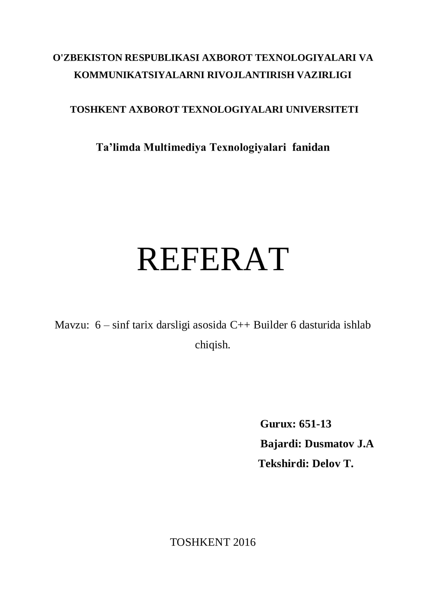 6 – sinf tarix darsligi asosida C++ Builder 6 dasturida ishlab chiqish