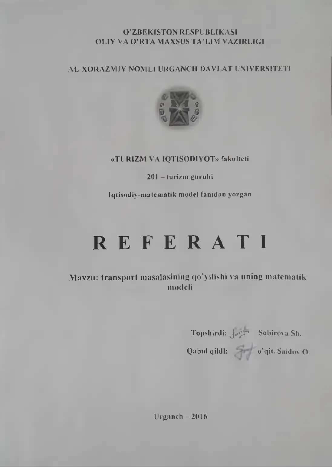 Iqtisodiy-Matematik Model Fanidan Yozgan Referat