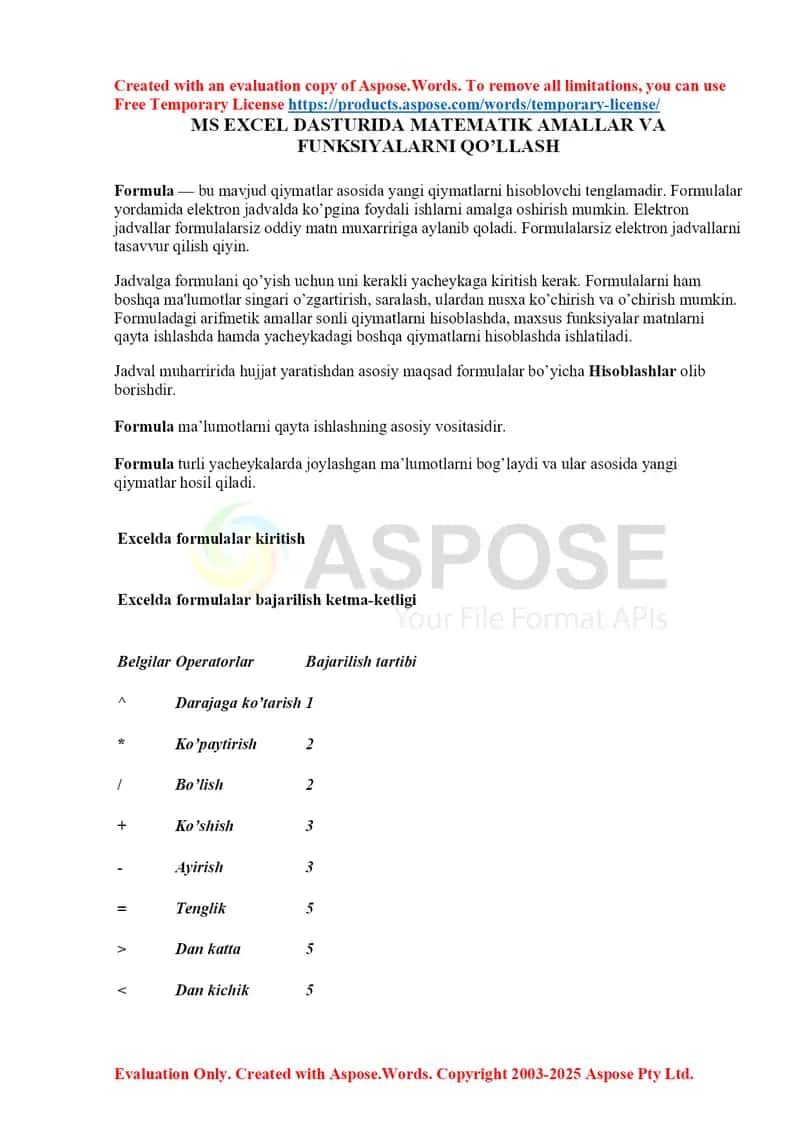 Ms Excel dasturida matematik amallar va funksiyalarni qo’llash