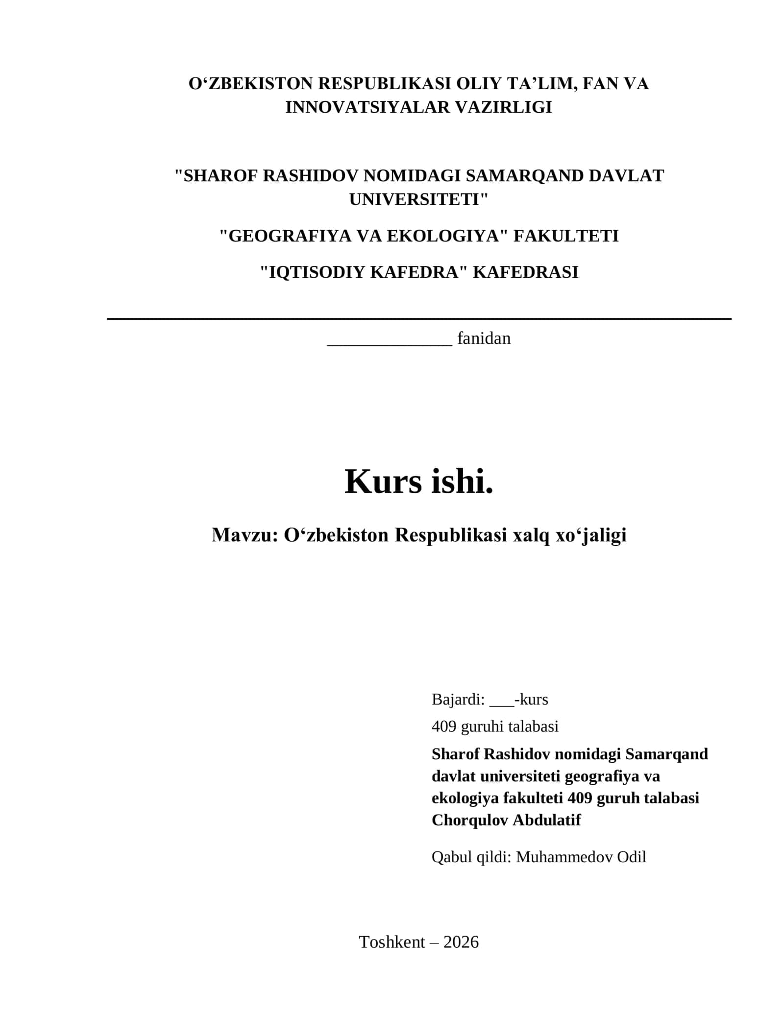 Oʻzbekiston Respublikasi xalq xoʻjaligi kurs ishi