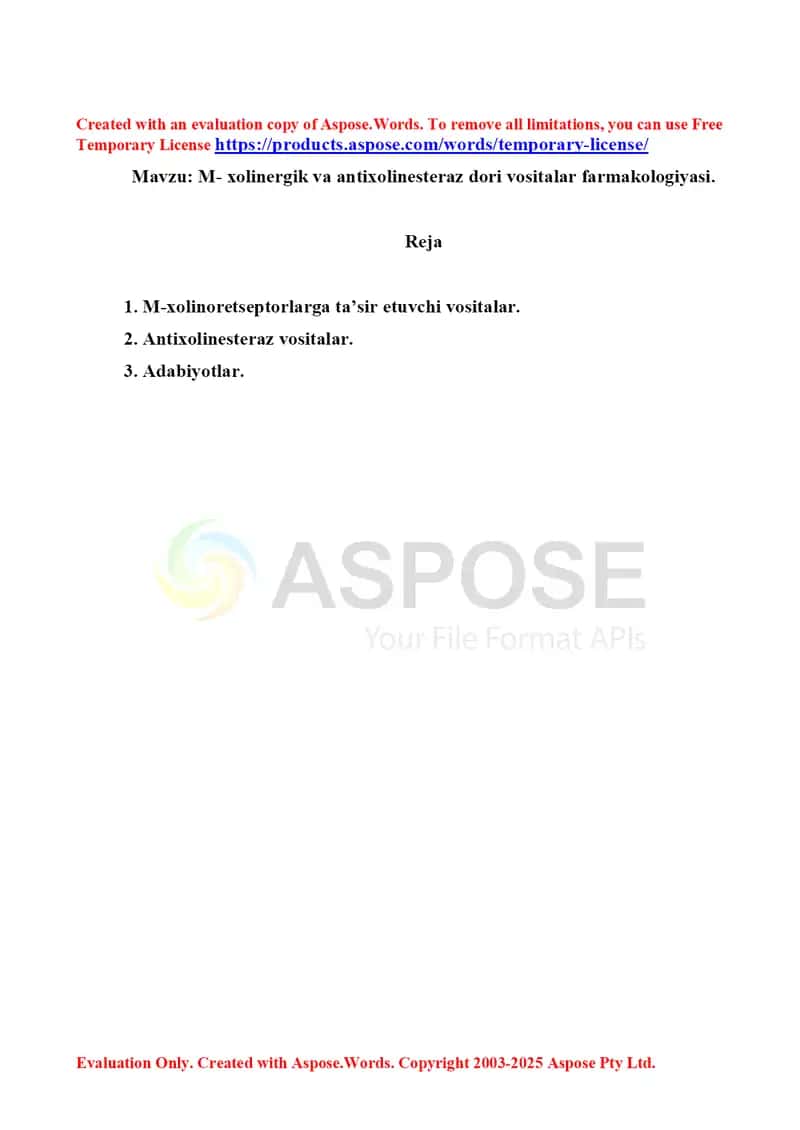 M- xolinergik va antixolinesteraz dori vositalar farmakologiyasi. Referat 15 bet.