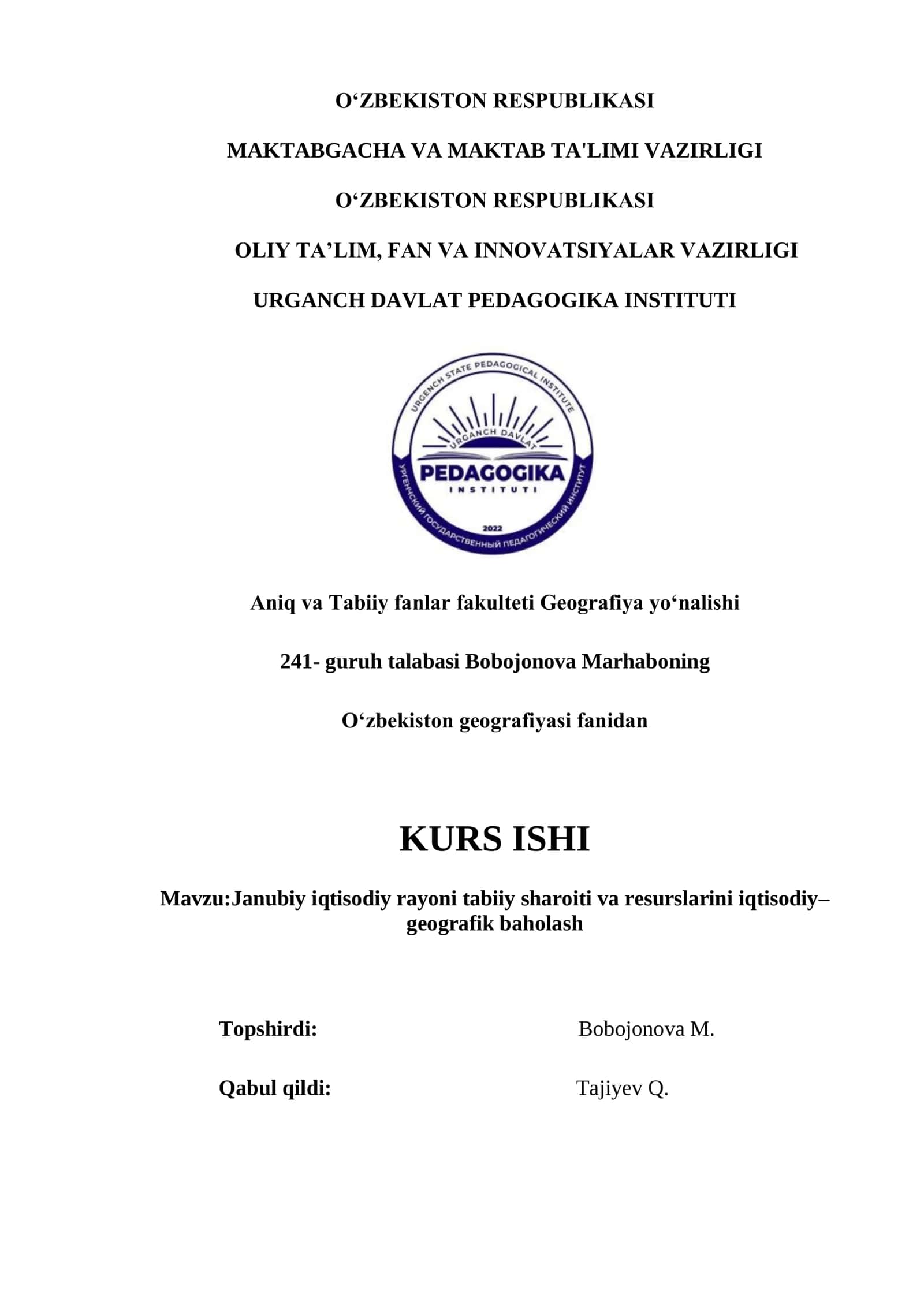 Janubiy iqtisodiy rayoni tabiiy sharoiti va resurslarini iqtisodiy–geografik baholash