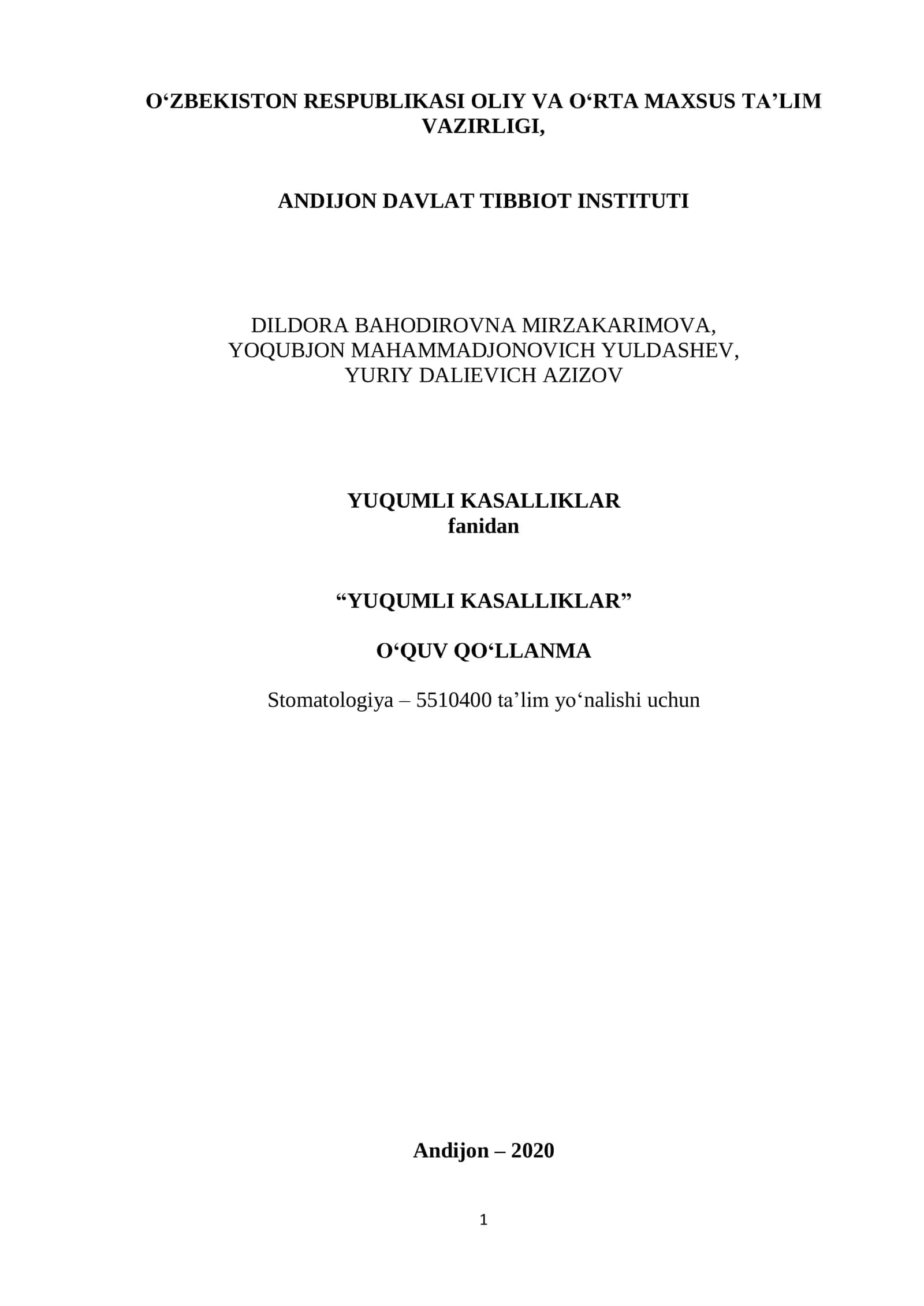 YUQUMLI KASALLIKLAR O‘QUV QO‘LLANMA