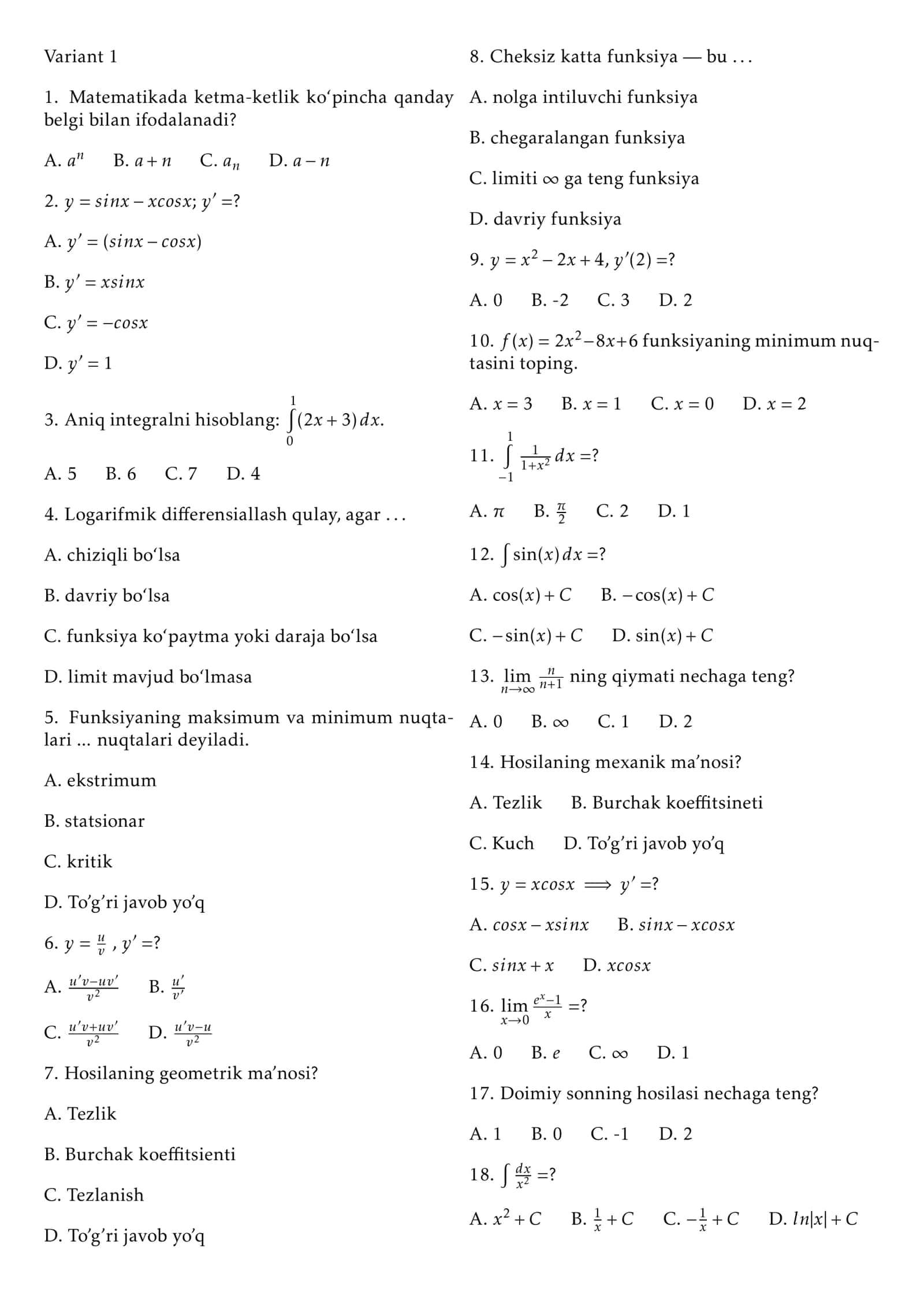 Hisob fanidan test