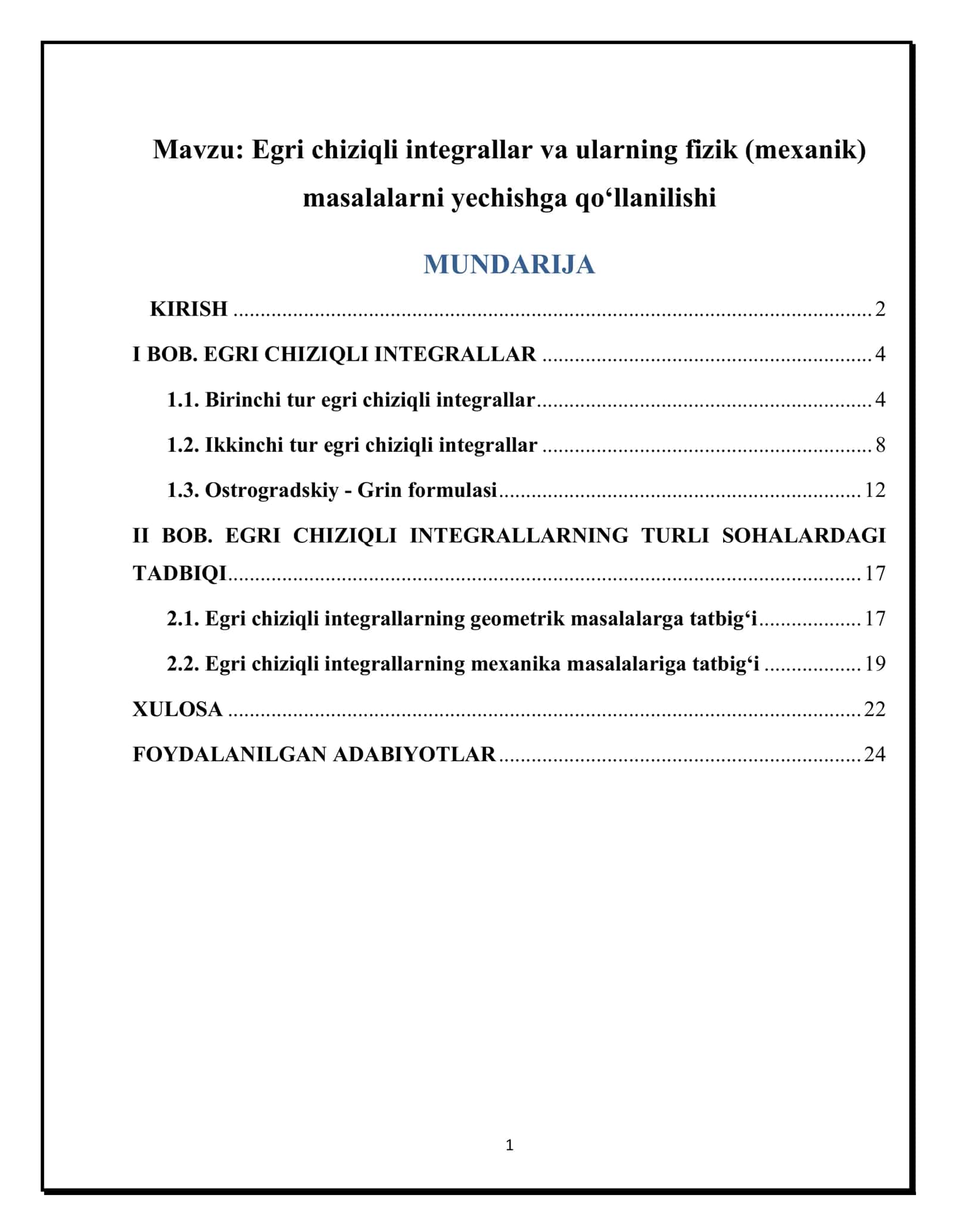 Egri chiziqli integrallar va ularning fizik (mexanik) masalalarni yechishga qo‘llanilishi