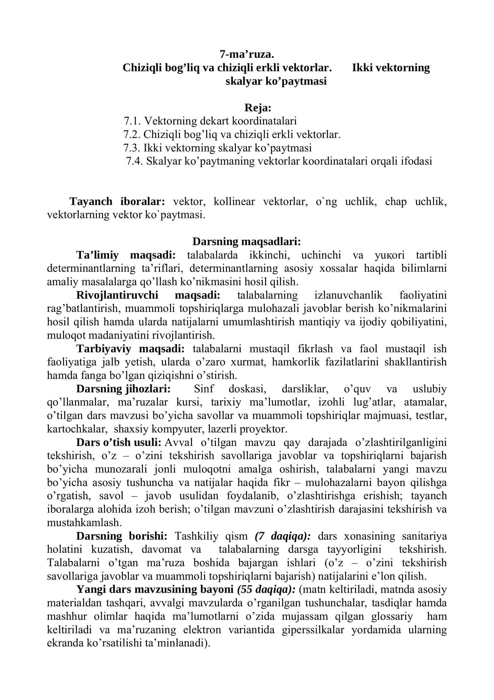 Oliy matematika: chiziqli bog‘liq vektorlar va skalyar ko‘paytma (PDF)