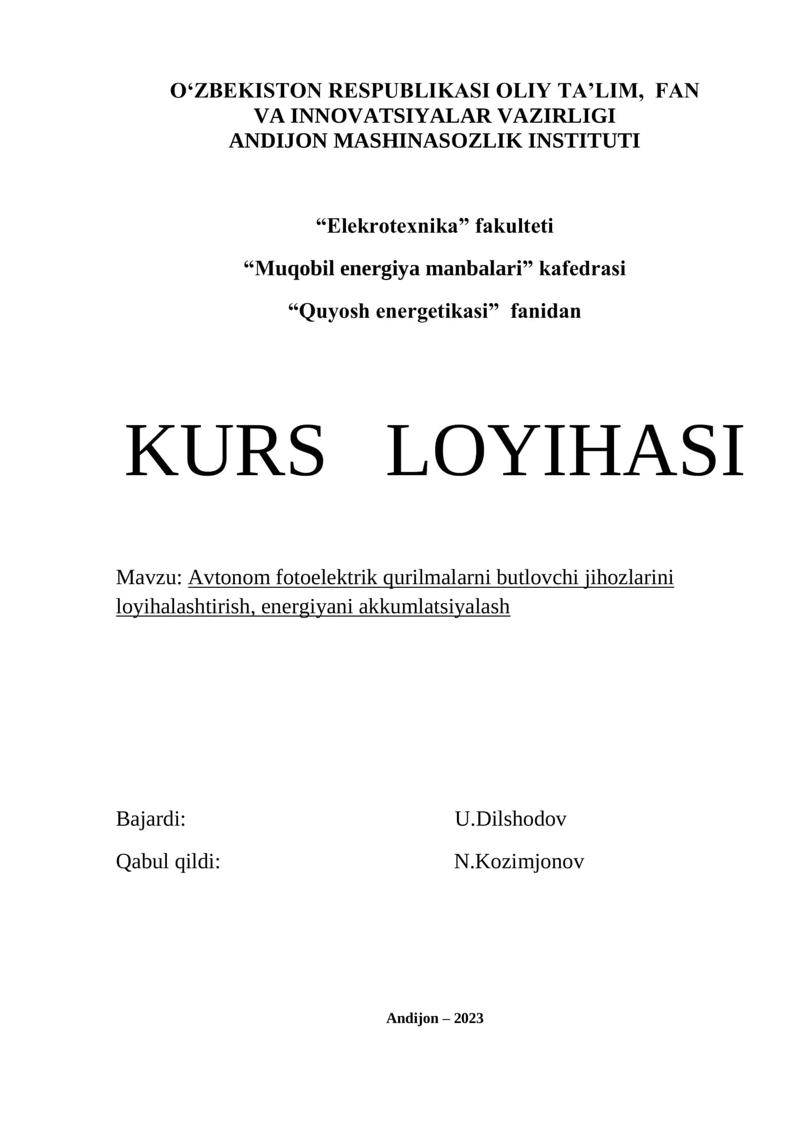 Avtonom fotoelektrik qurilmalarni butlovchi jihozlarini loyihalashtirish