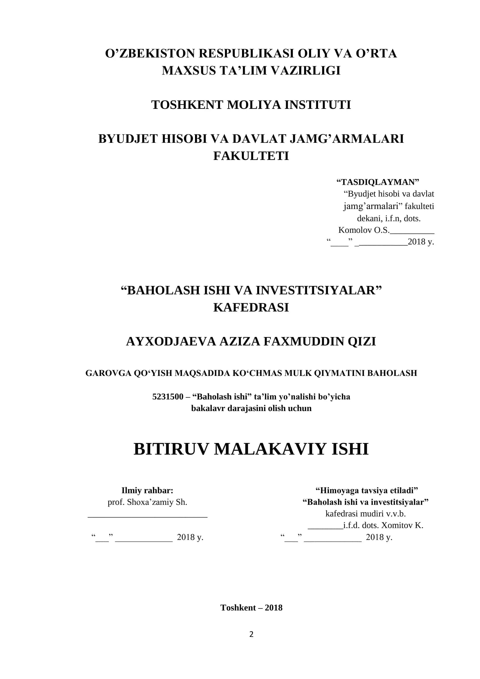 Baholash ishi va investitsiyalar