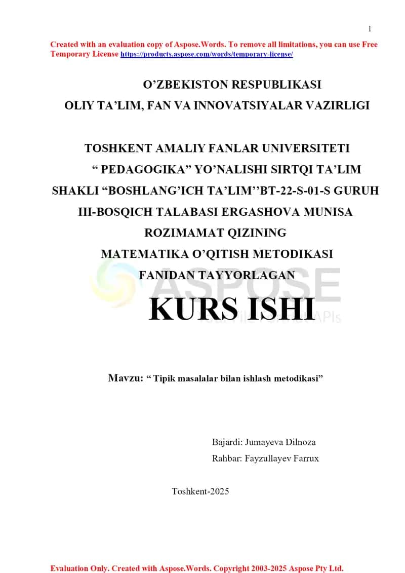 Matematika O'qitish Metodikasi “ Tipik masalalar bilan ishlash metodikasi.docx