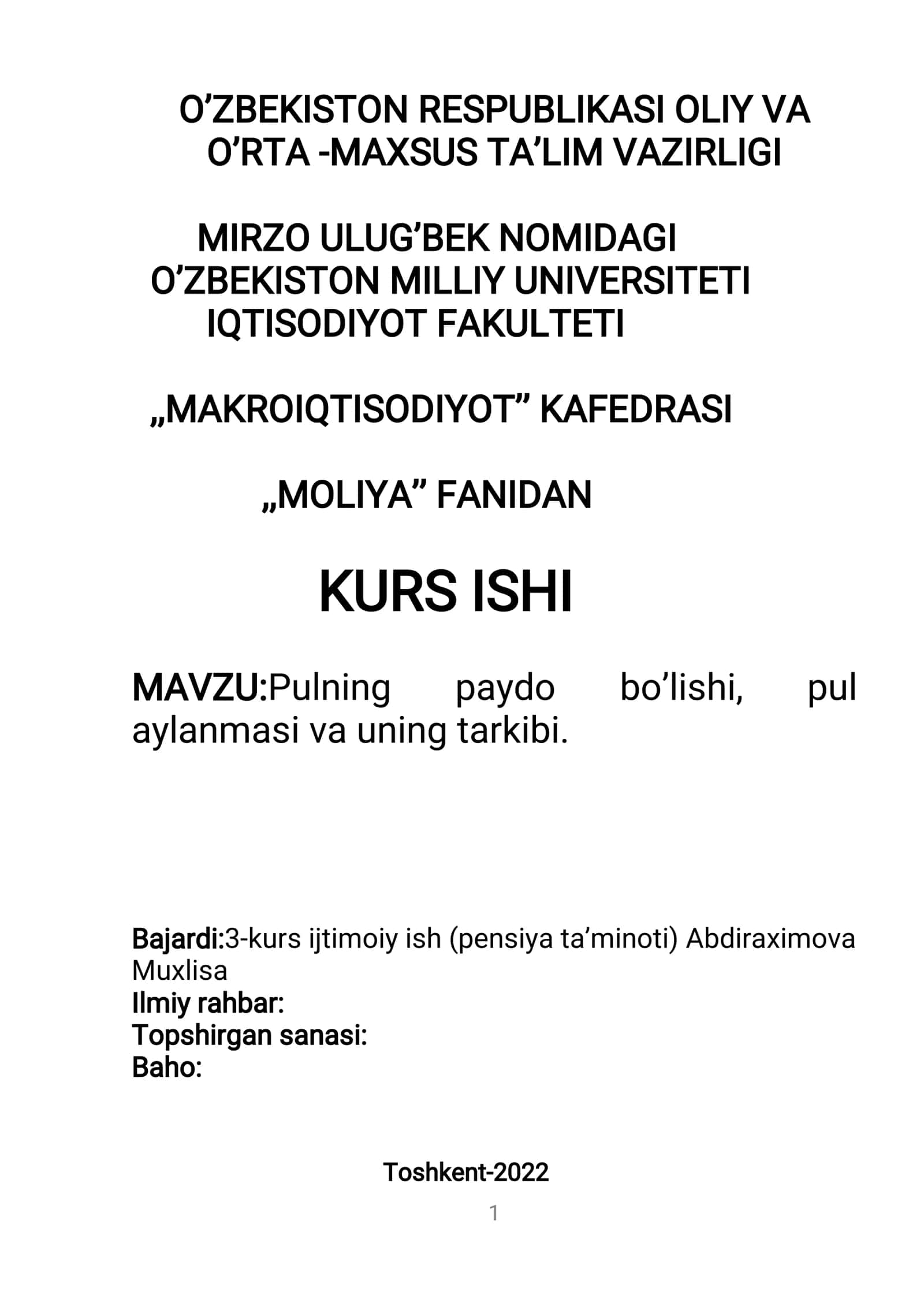 Pulning paydo bo'lishi, pul aylanmasi va uning tarkibi