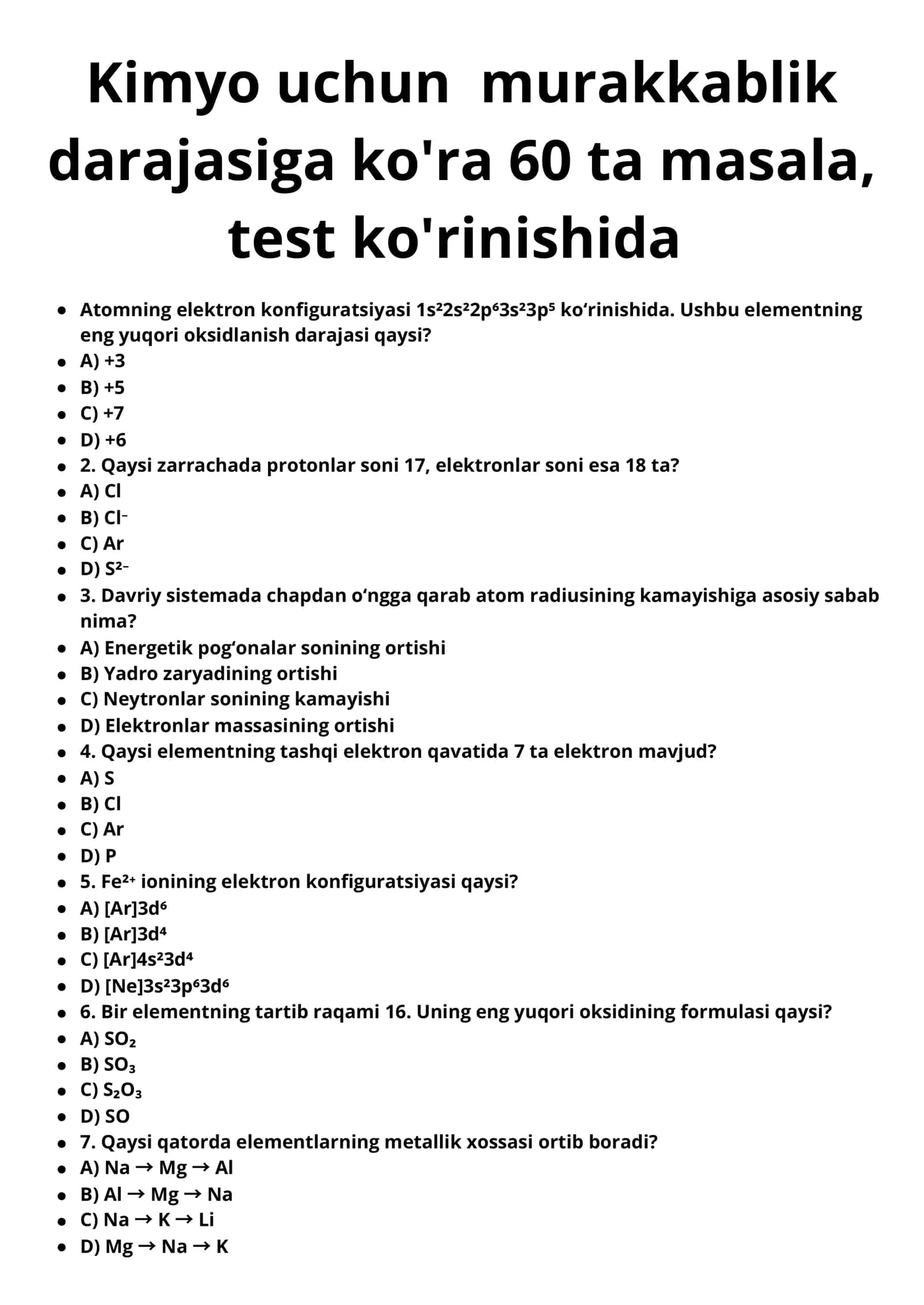 Kimyo uchun murakkablik darajasiga ko'ra 60 ta masala, DTM FORMATIDA KALITI BILAN