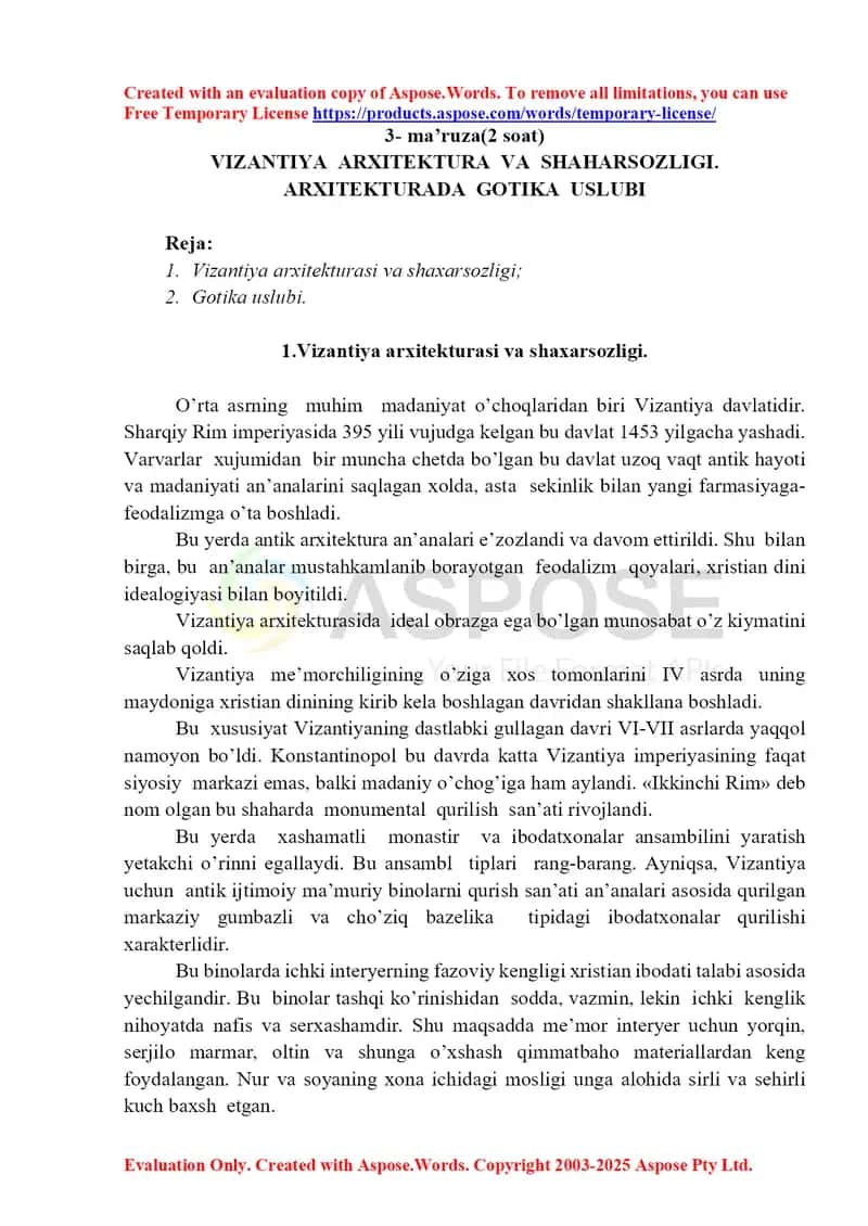 3-ma’ruza: Vizantiya arxitekturasi va shaharsoslovi hamda gotika uslubi (2 soat)